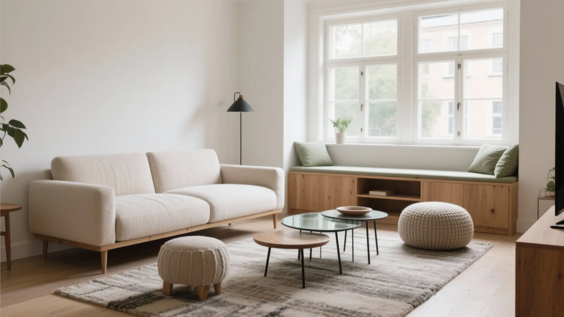 Modern living room featuring beige sofa wooden coffee tables textured rug and window bench with cushions