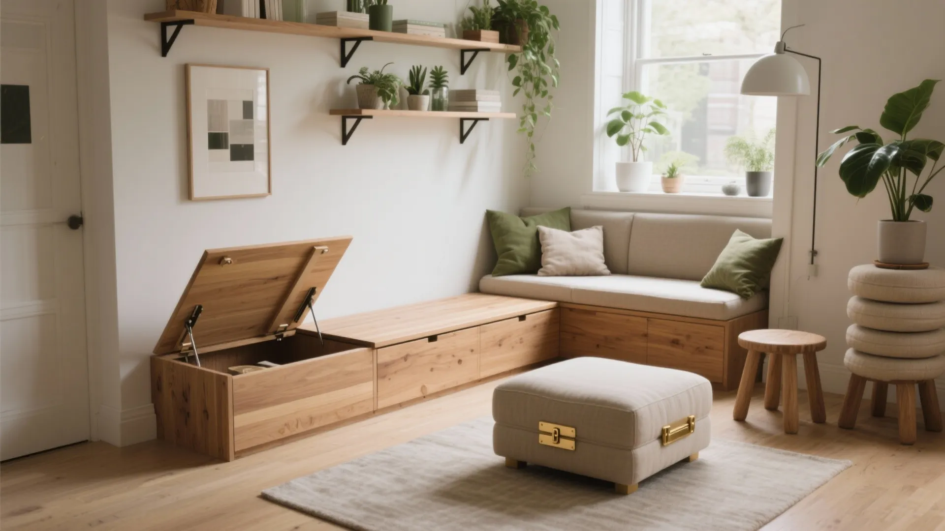 Modern living room corner featuring wooden storage bench, beige footrest, small stool, and wall shelves