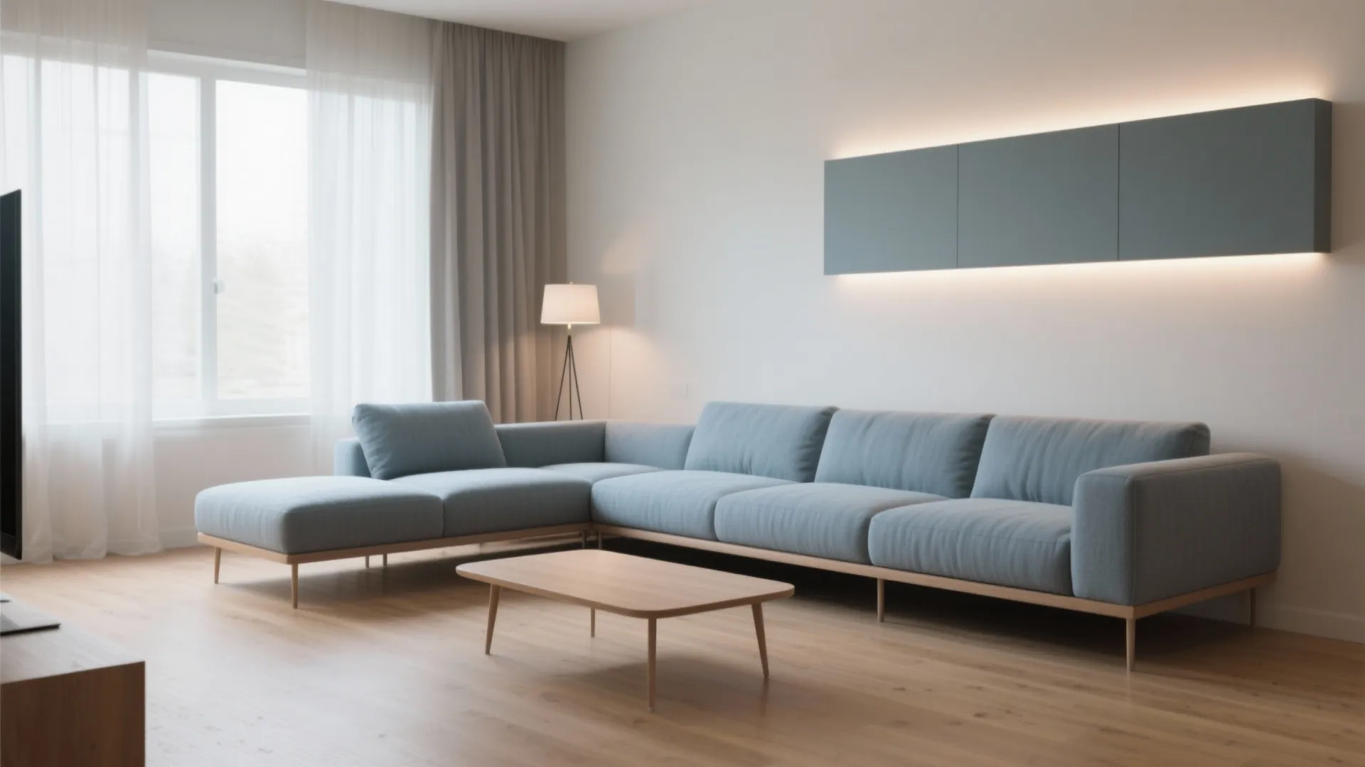 Modern living room featuring large blue sofa wooden coffee table floor lamp and grey wall cabinet