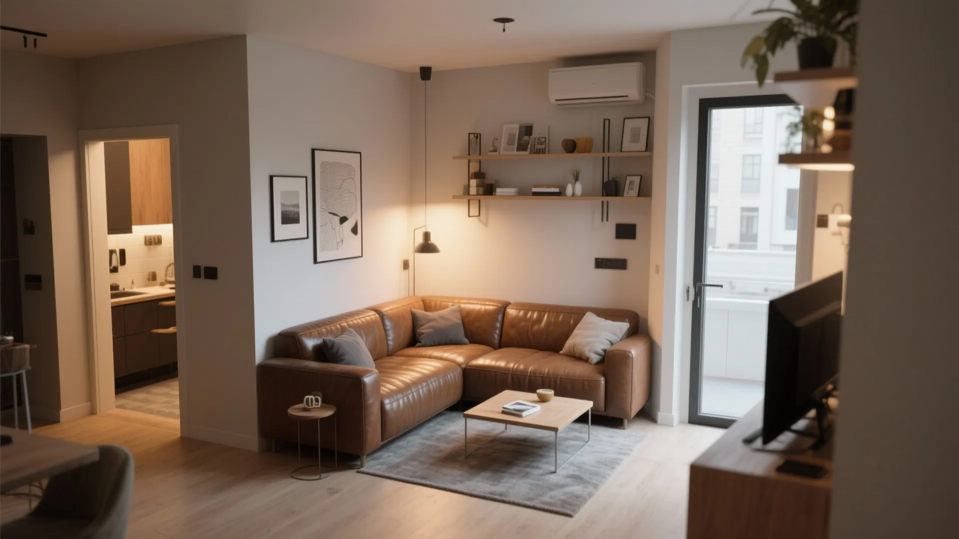 Modern small apartment living room with brown leather sofa wooden coffee table and grey floor rug