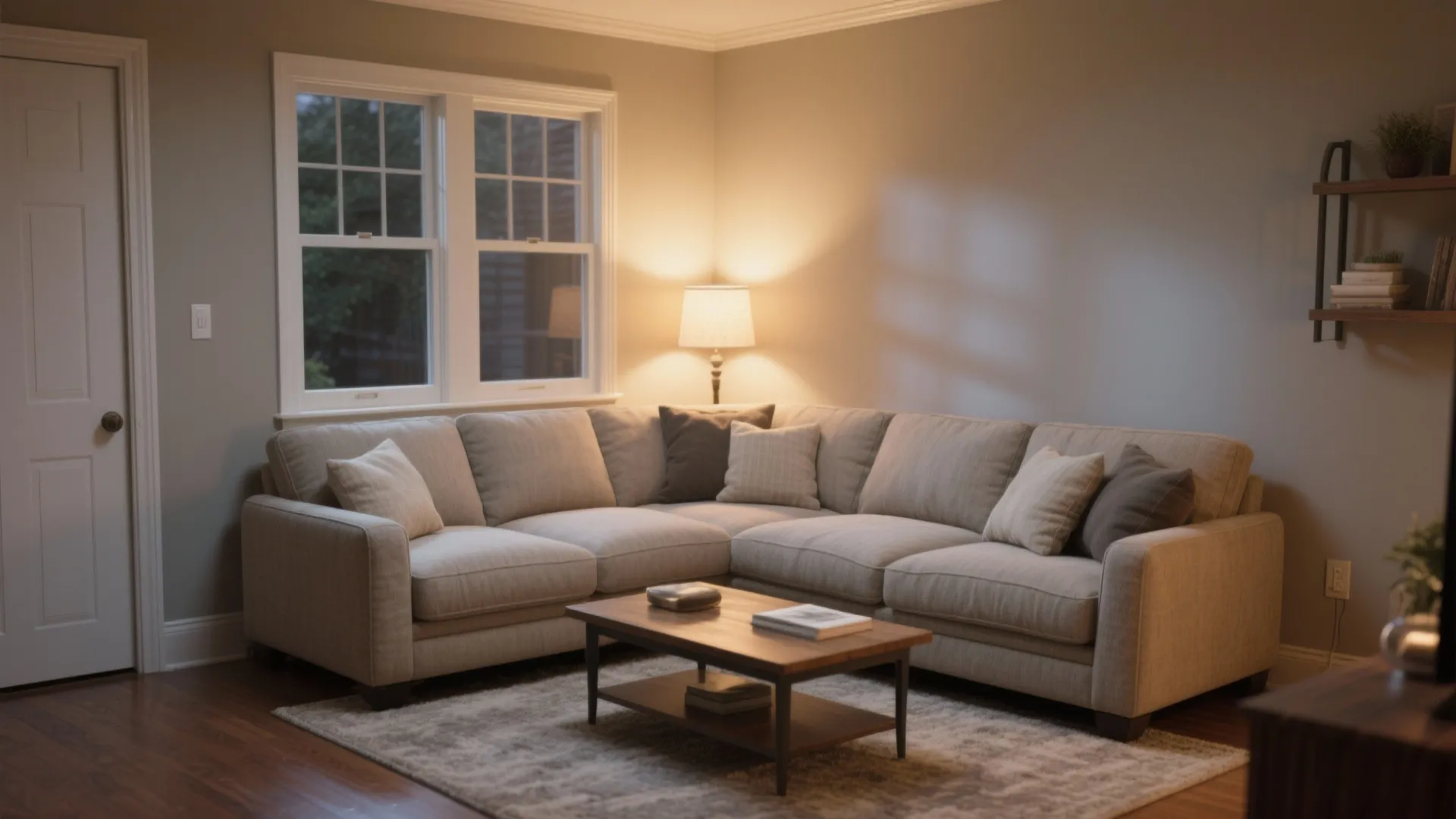 Large beige sectional sofa with pillows in a living room featuring a wooden coffee table