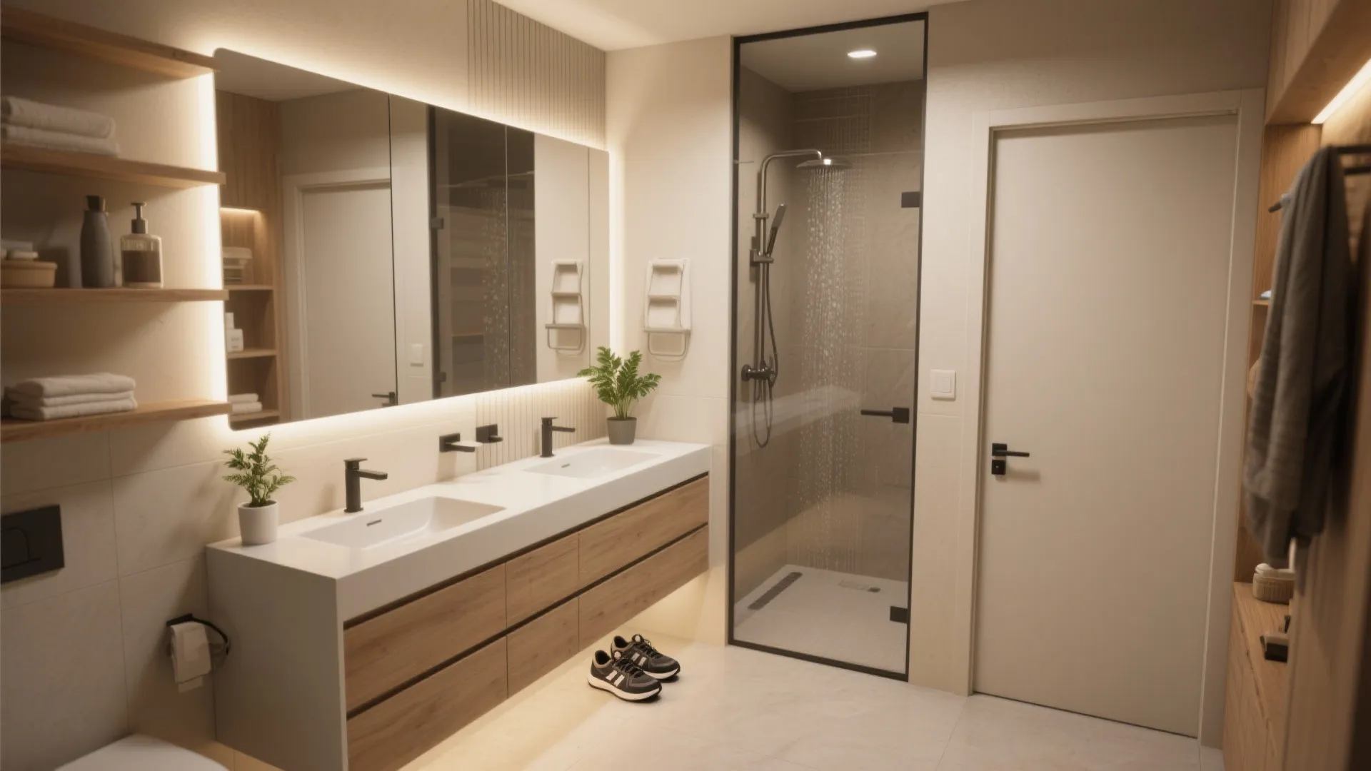 Modern bathroom with double sink vanity large lighted mirror glass shower door and white door