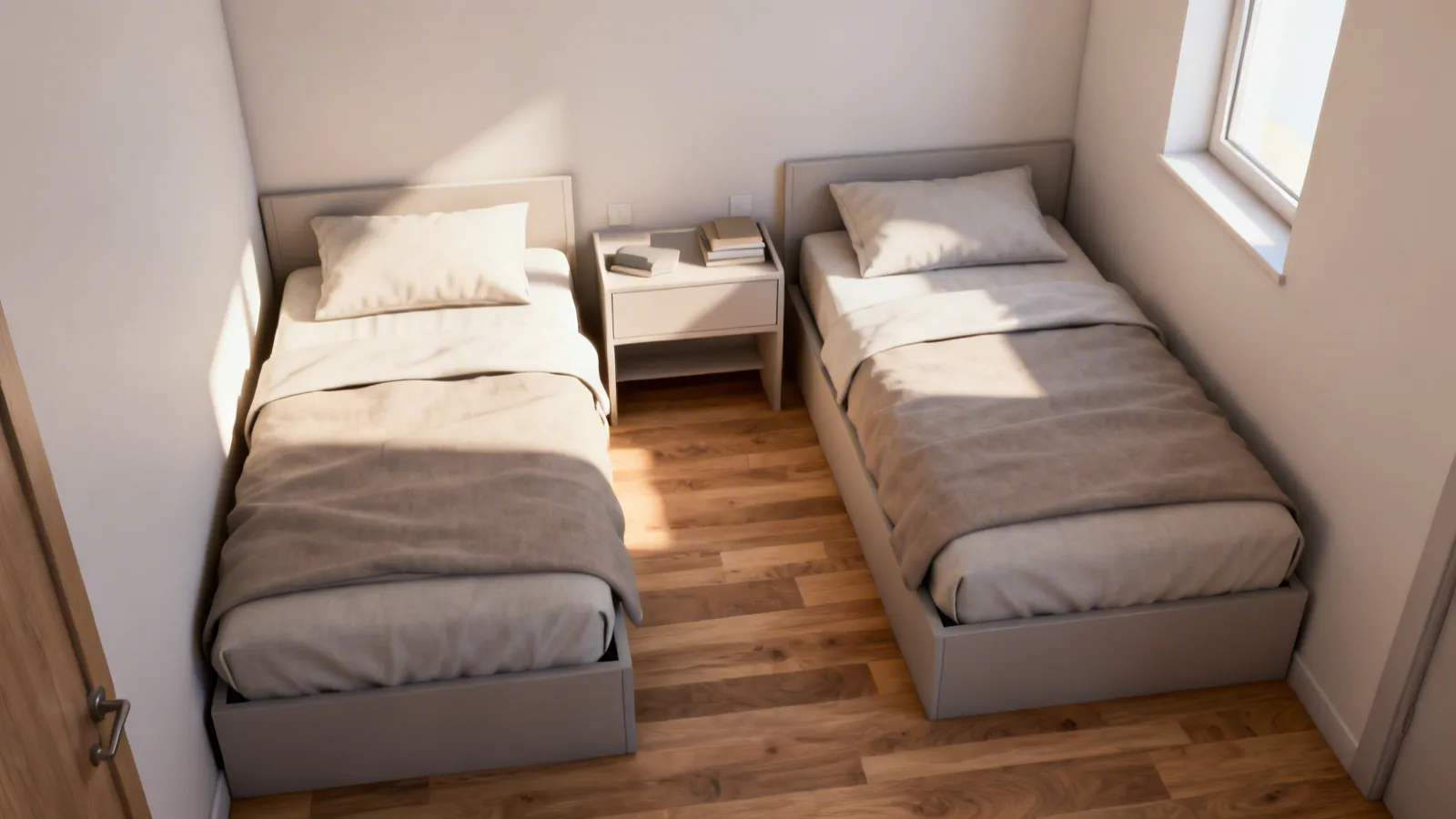 Small shared bedroom with two twin beds placed efficiently along walls