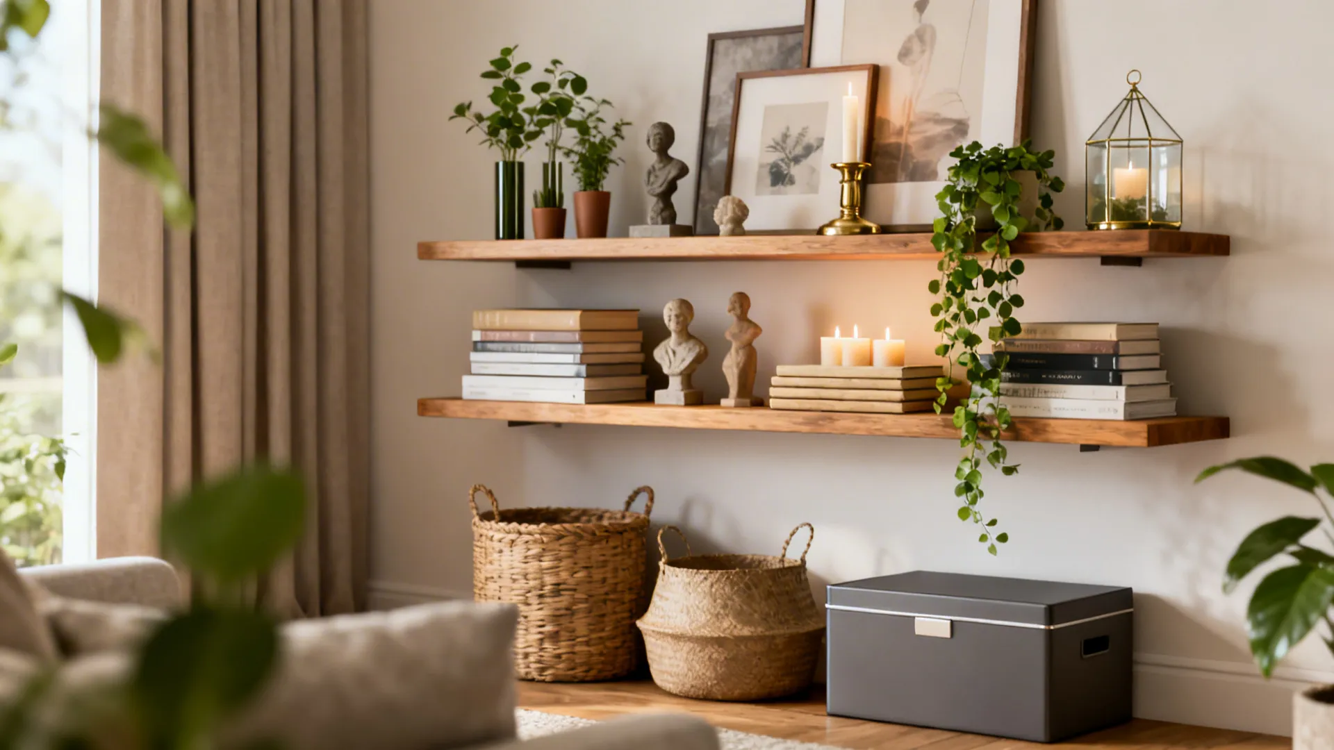Two wooden floating shelves featuring plants, books, candles, small statues, and woven baskets on the floor