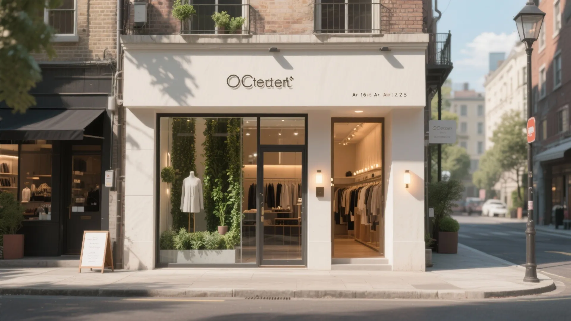 Modern white clothing store front showing interior clothes racks and a mannequin through large glass windows