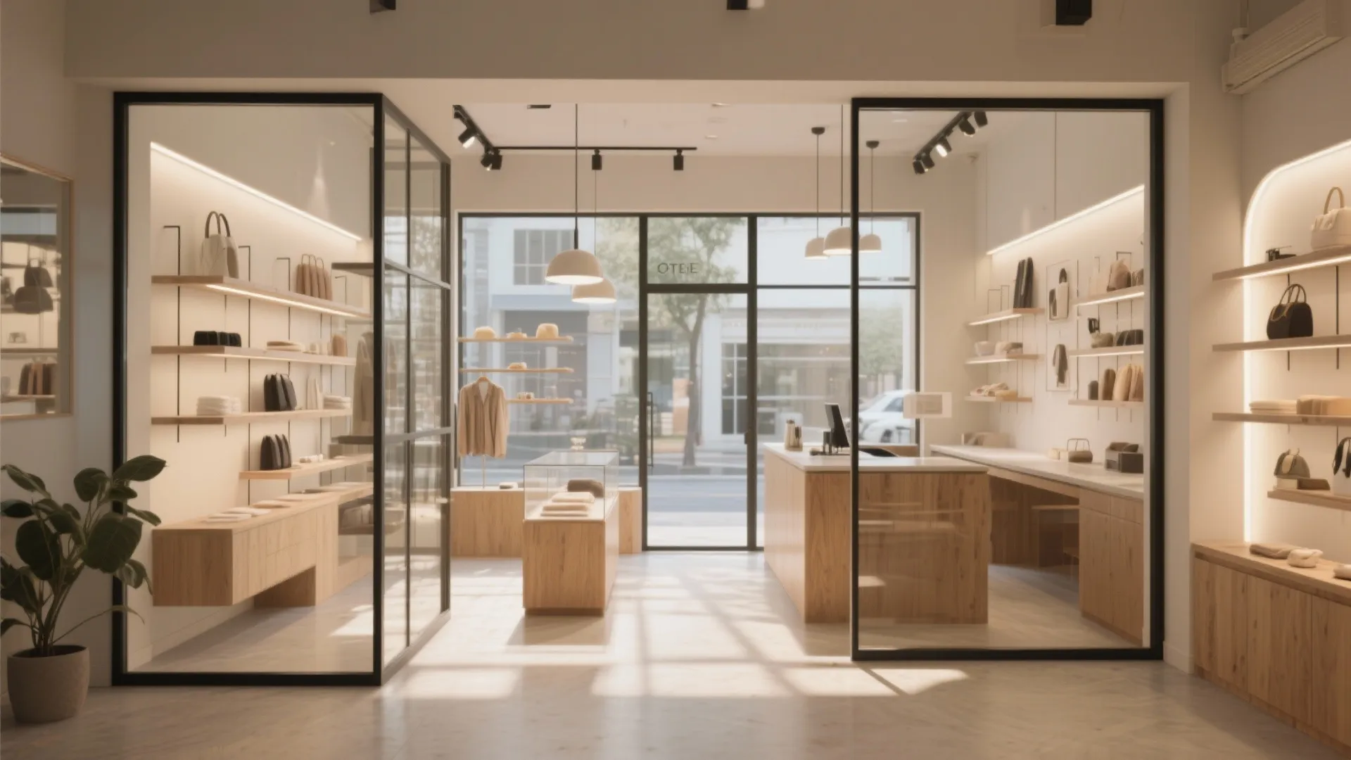 Modern clothing store interior with wooden cabinets glass doors ceiling lights and minimalist display shelves