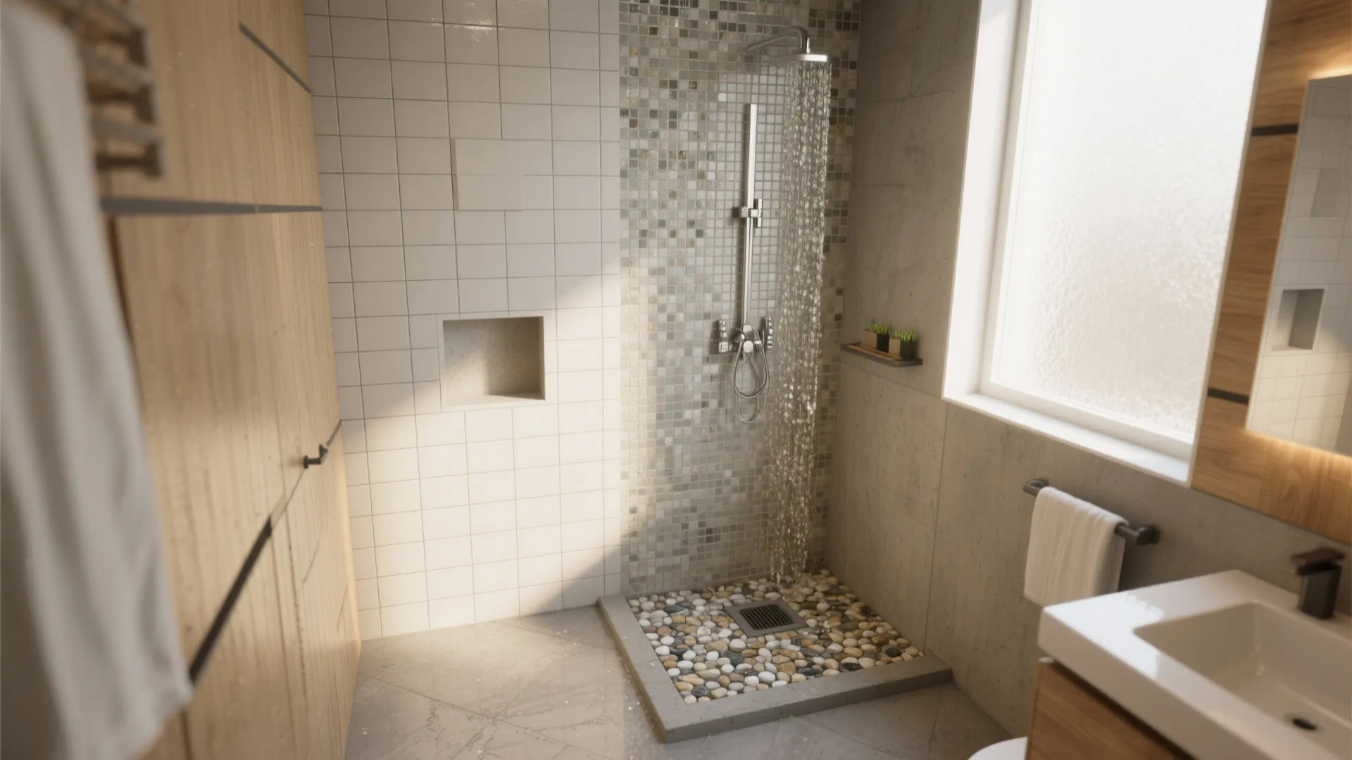 Modern bathroom shower with mosaic tiles pebble floor white wall square tile and natural light