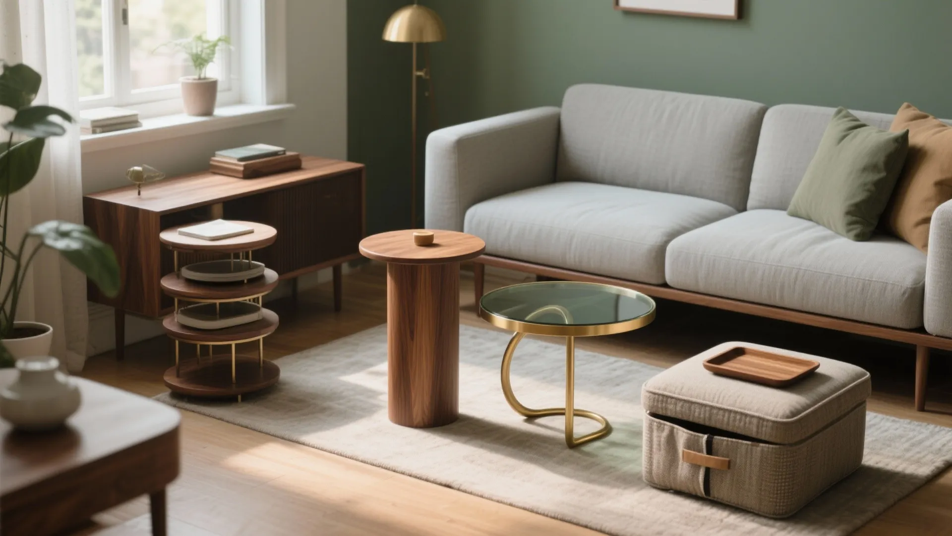 Three small wooden and metal side tables arranged in front of a modern grey sofa