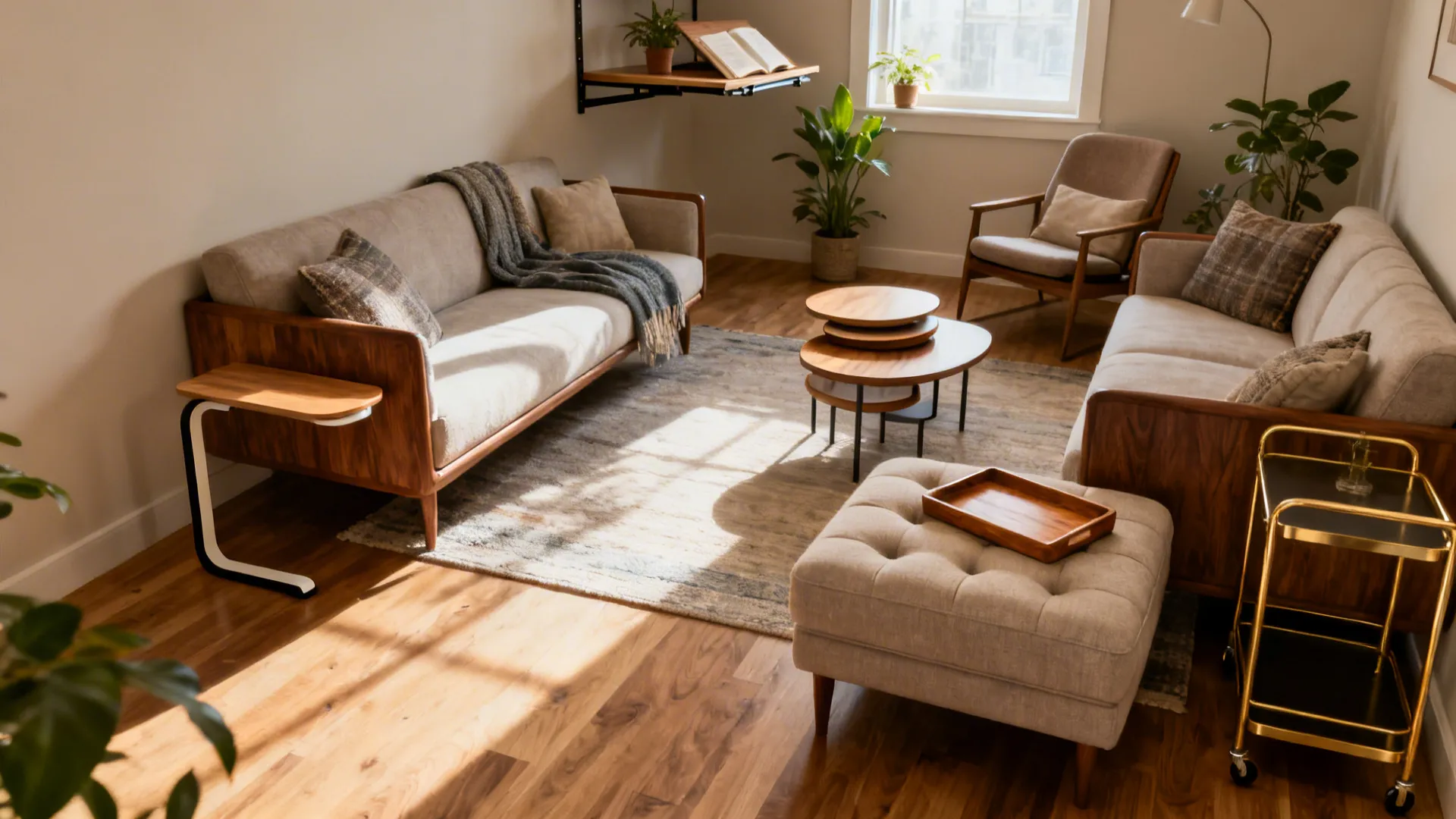 Modern living room with grey sofas wooden coffee tables footrest and a lot of light