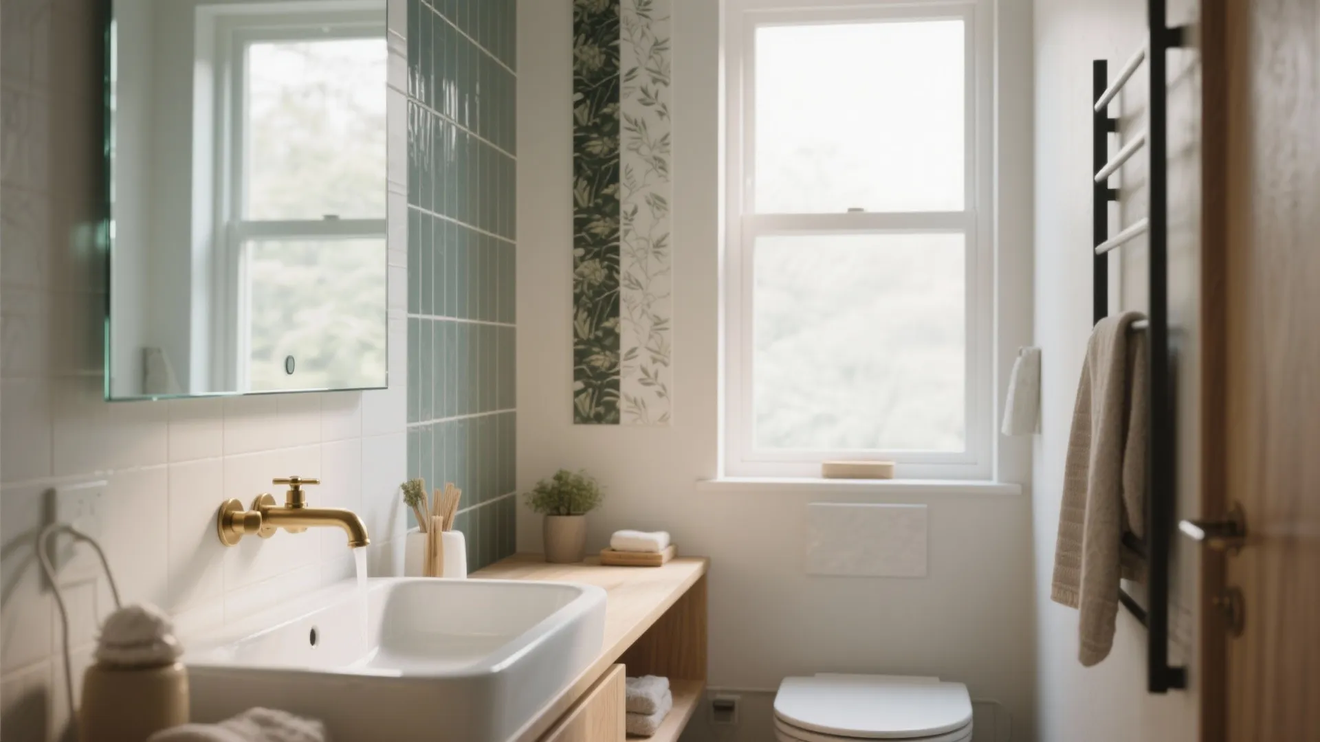 Modern bathroom with blue wall tiles wooden shelf white sink brass faucet and large window