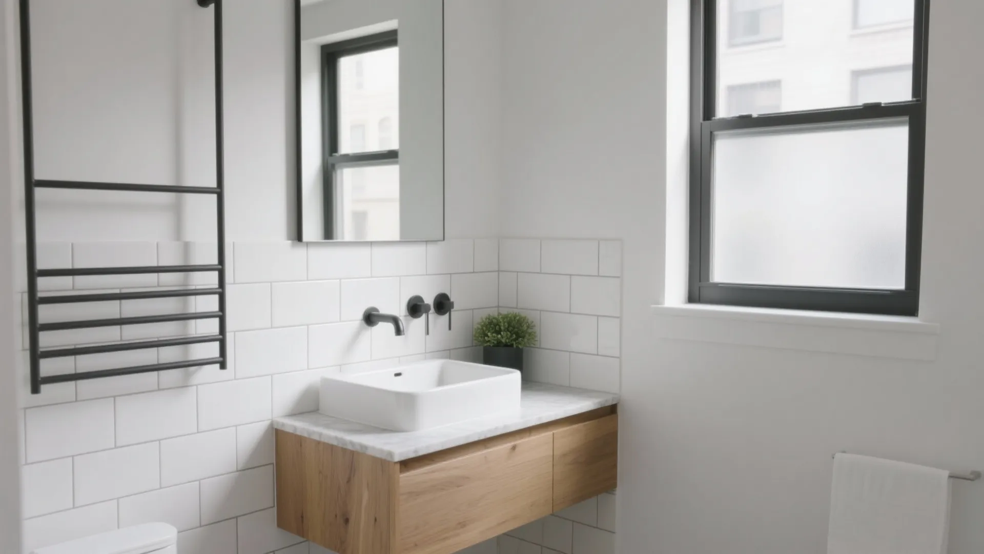 White tiled bathroom with small wood cabinet marble countertop square sink and black wall faucet