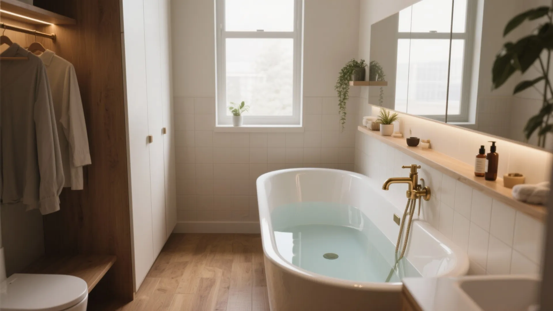 Bright bathroom interior with white bathtub gold light fixture wooden floor large mirror and small window