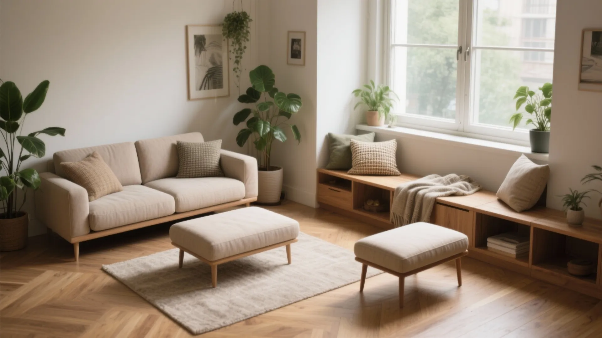 Bright living room featuring beige sofa two footrests wooden cabinet indoor plants and light wood floor