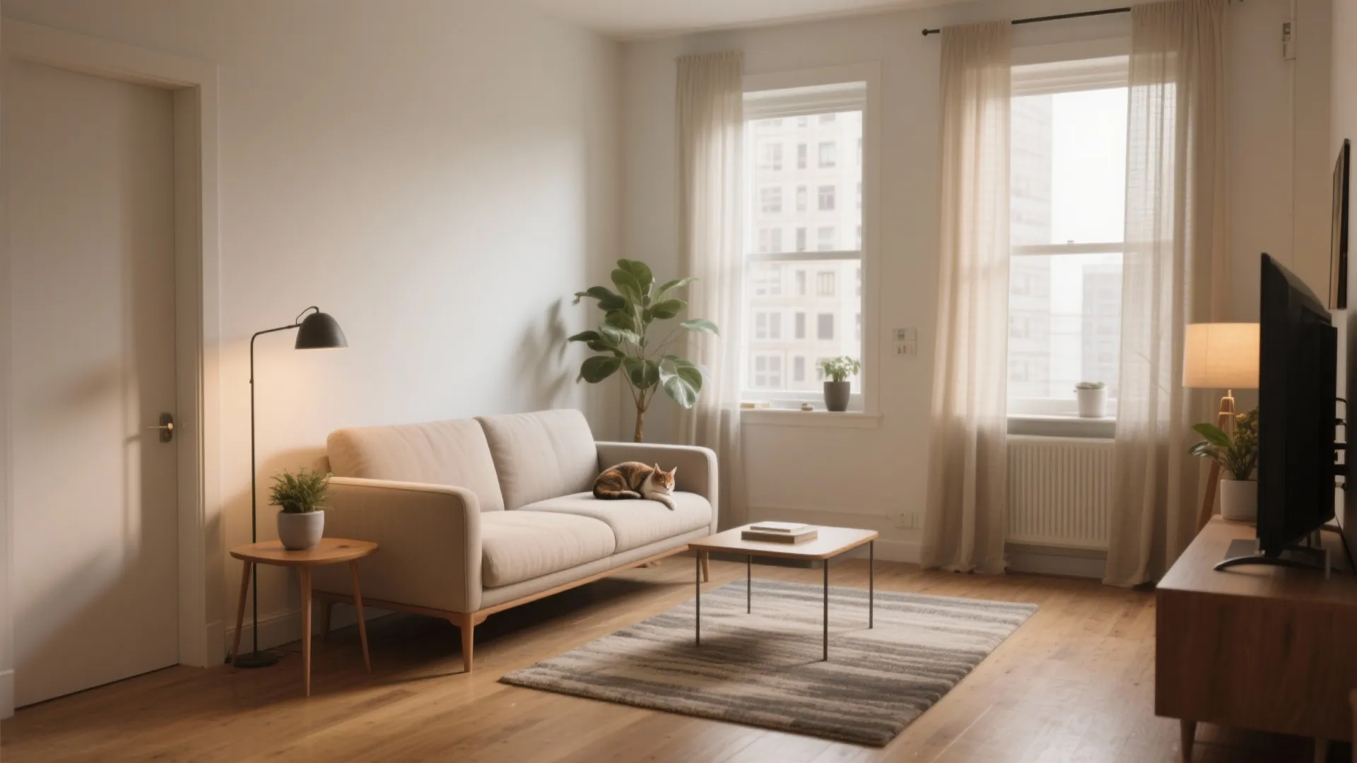 Modern living room with beige sofa, sleeping cat, wooden coffee table, rug, green plant, lamp