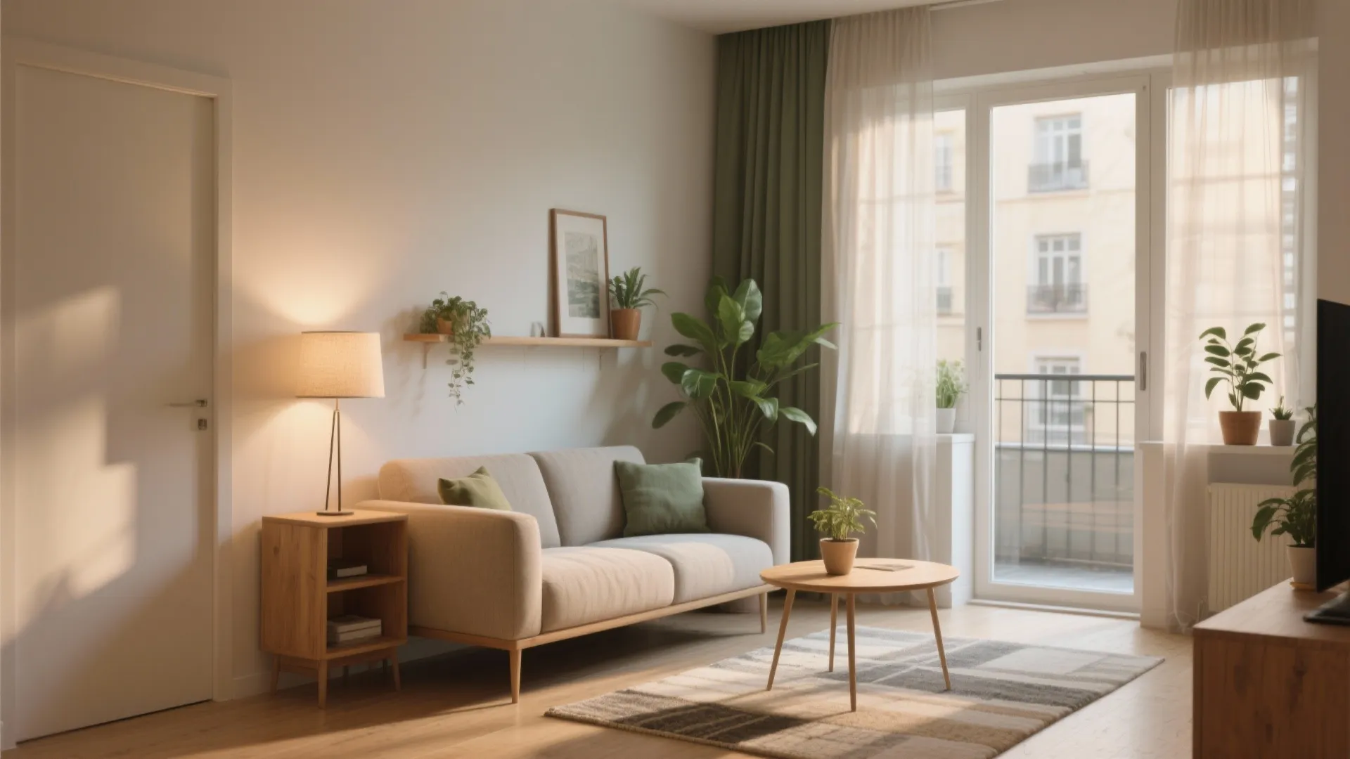 Modern living room with beige sofa green cushions wooden coffee table and bright window with curtains