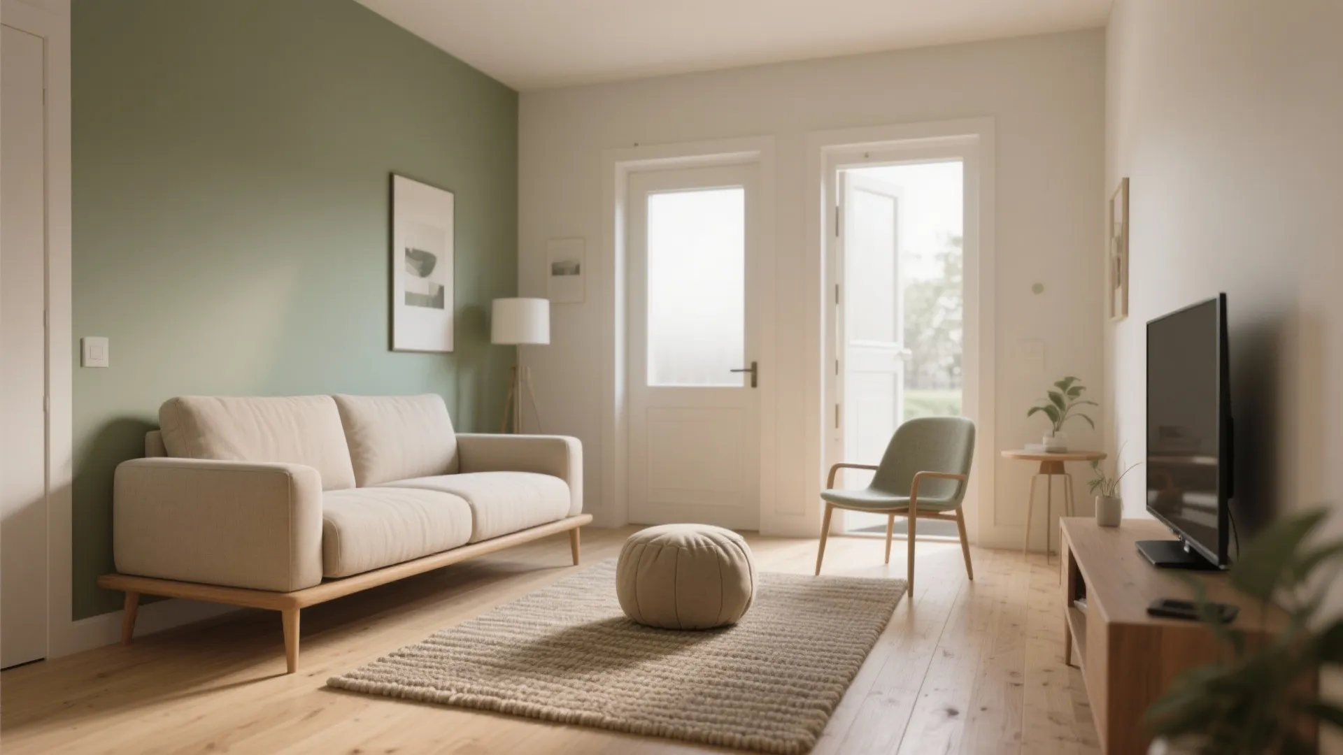 Modern living room with green wall, beige sofa, round footrest, wooden floor, and open doors