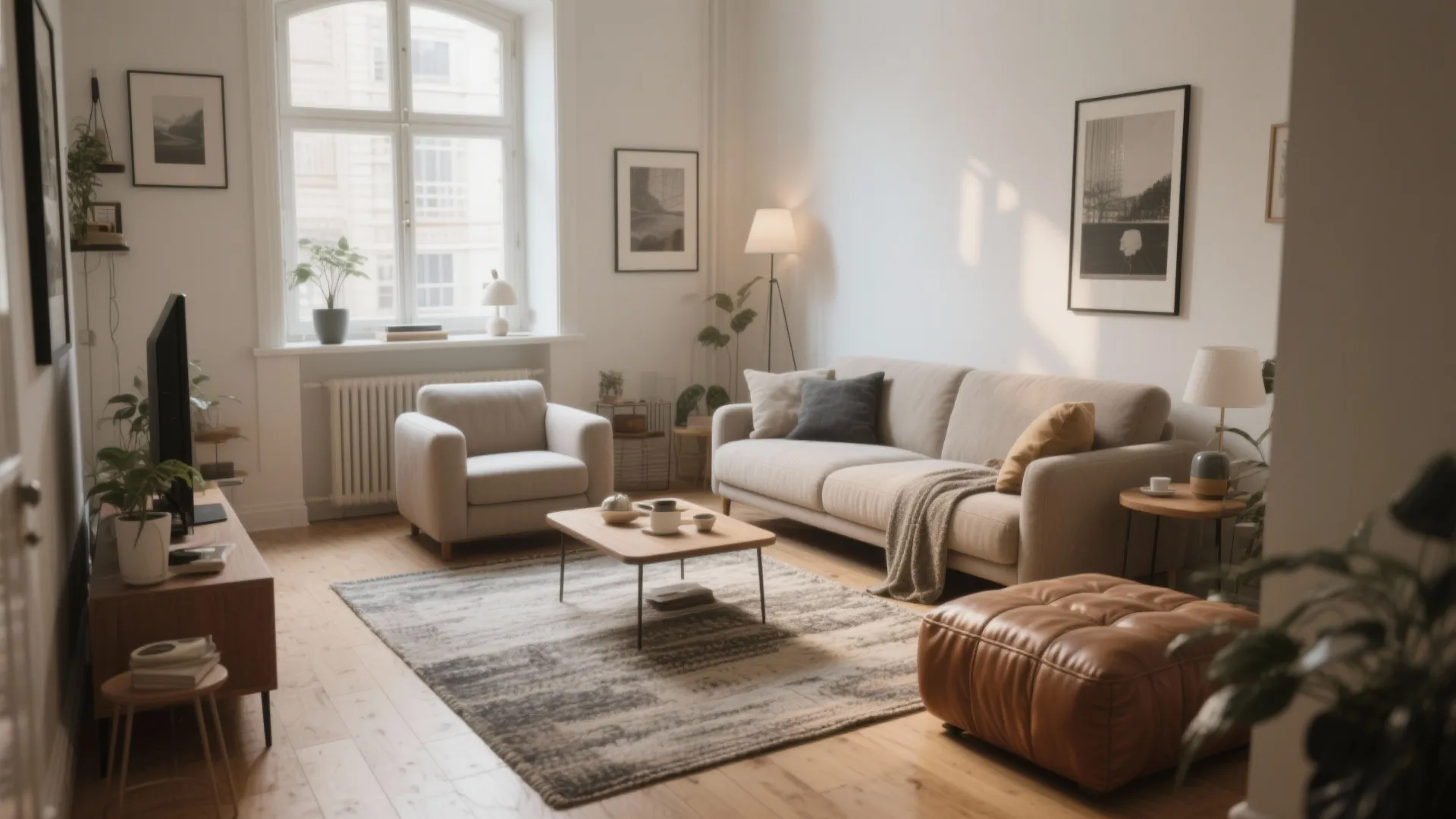 Cozy living room with beige sofa armchair brown leather footrest rug and wooden coffee table