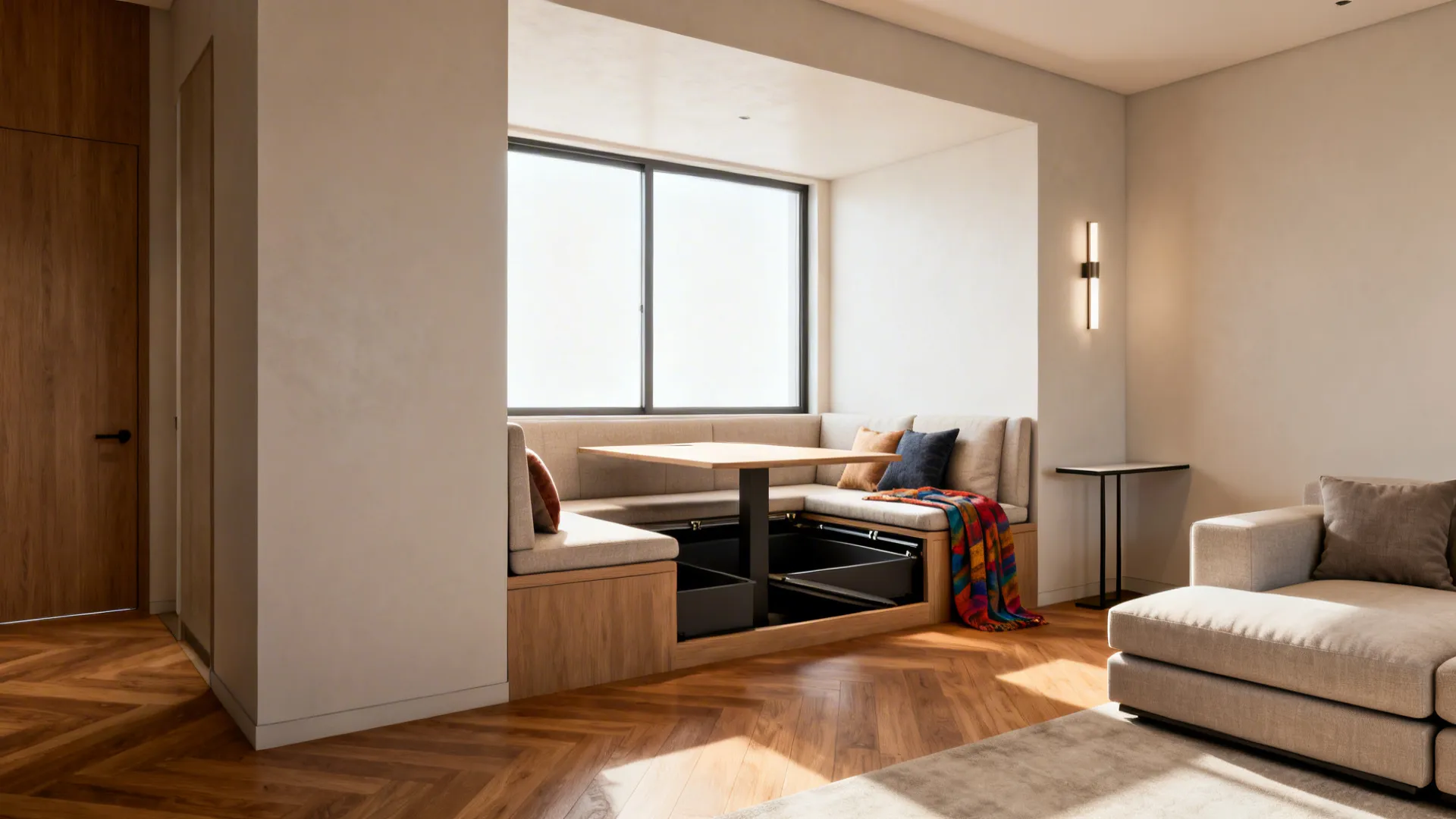 Modern dining nook with built-in bench seating by window and wood floor in living room