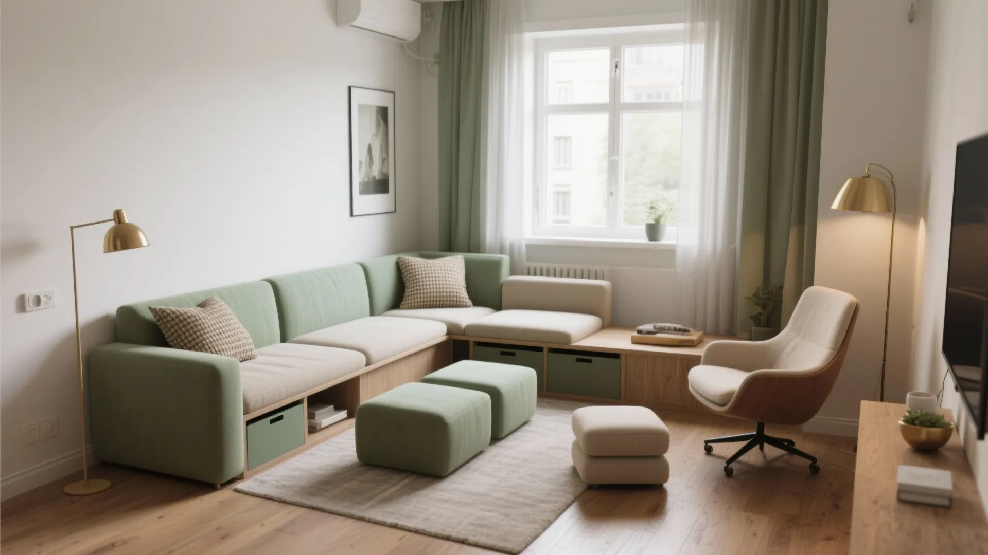 Modern living room featuring a green sectional sofa wooden floor gold floor lamps and windows