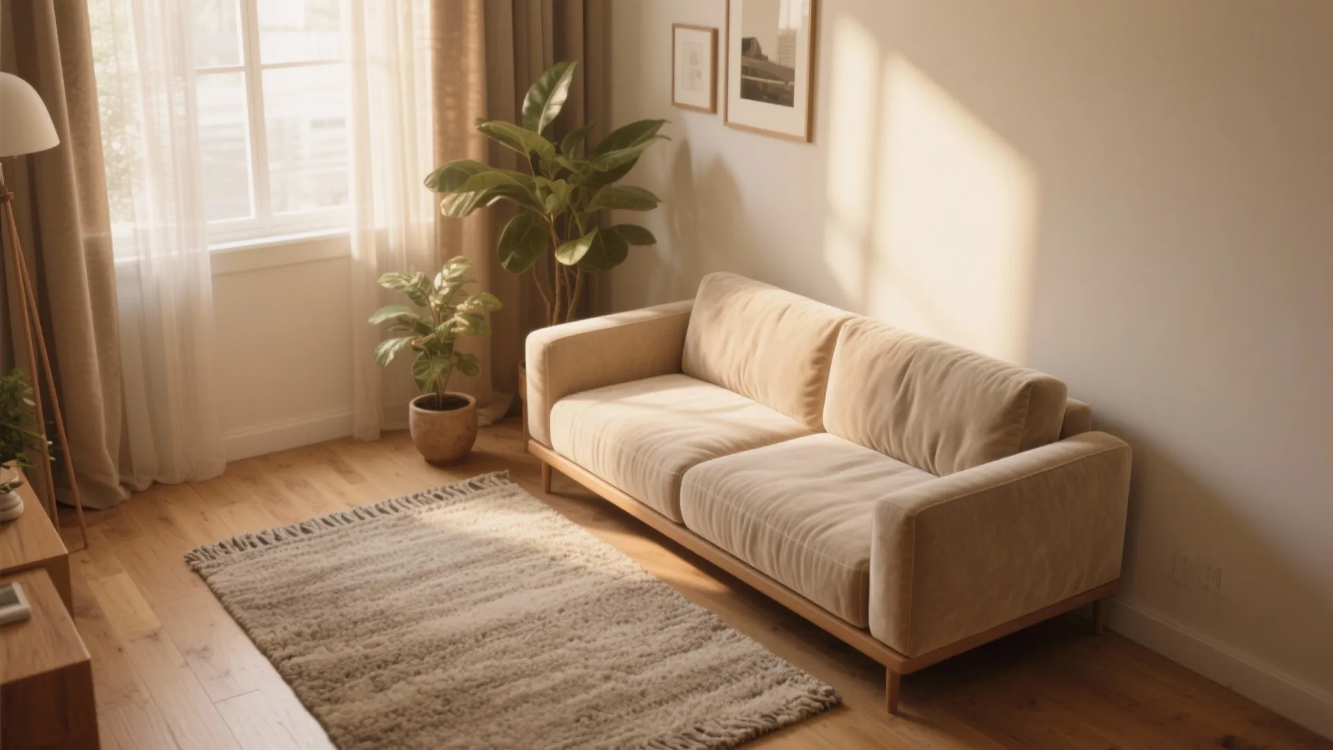 Modern living room with beige sofa green potted plants grey rug and warm natural sunlight