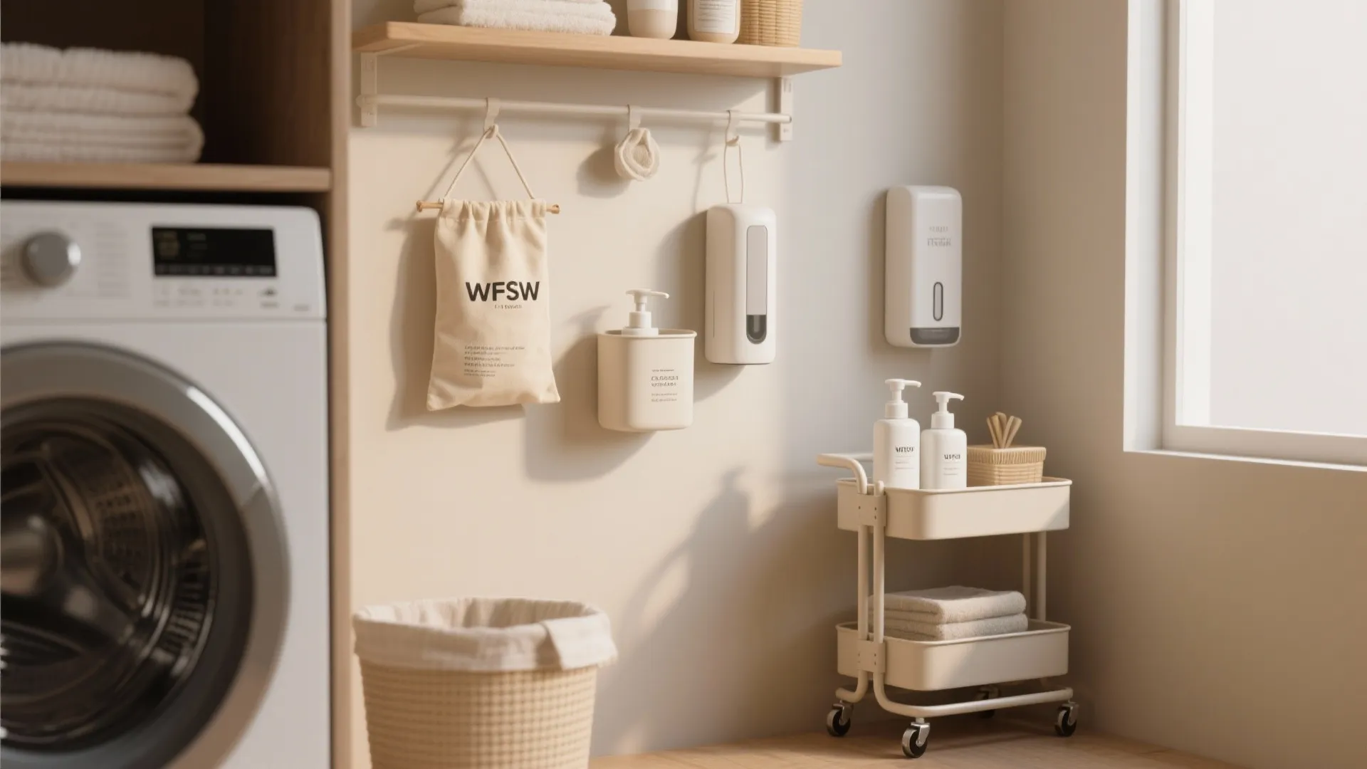 Assorted small laundry storage solutions styled together: pumps, caddies, wall dispenser and rolling cart in a calm neutral laundry scene.