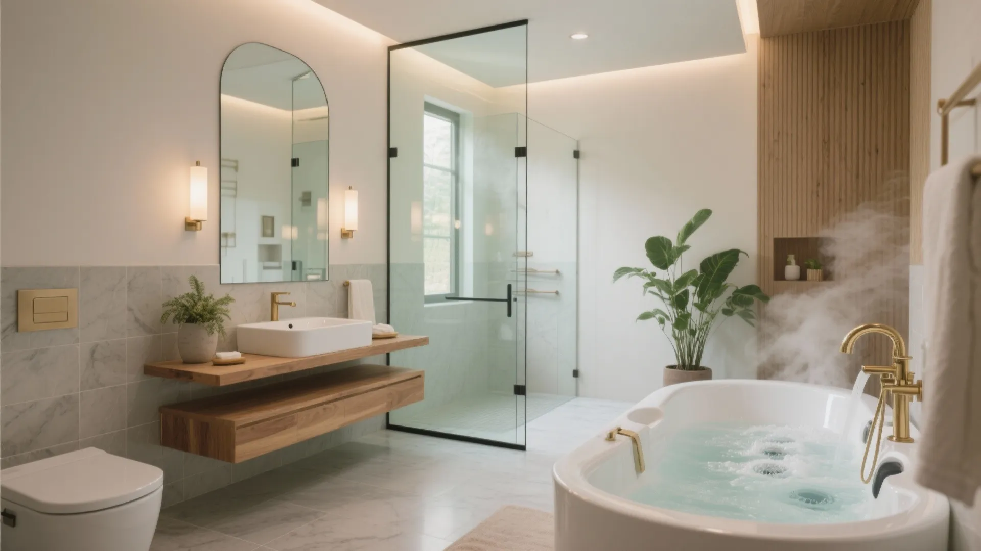 Modern bathroom with hot tub white sink gold faucets glass shower and wall light fixtures
