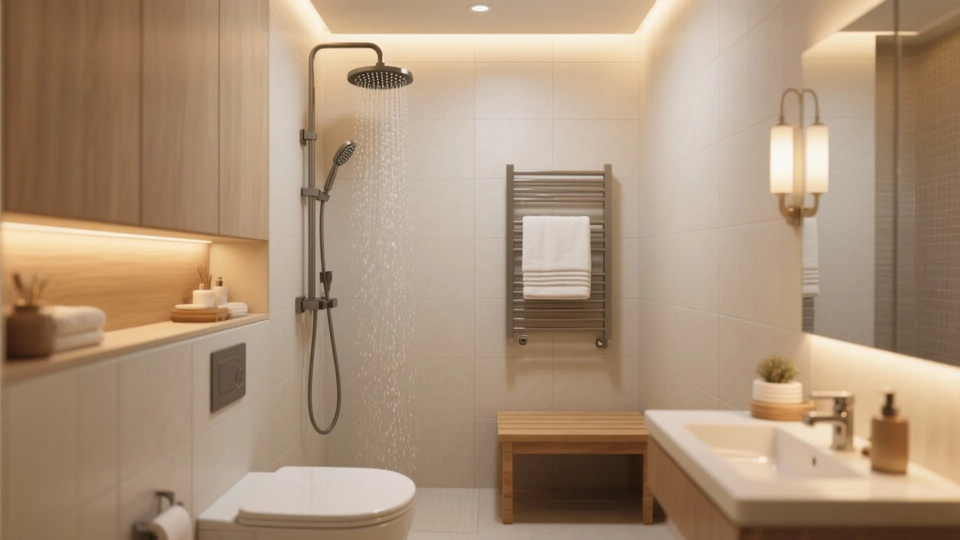 Small minimalist bathroom with walk in shower wooden bench white toilet and warm recessed lighting