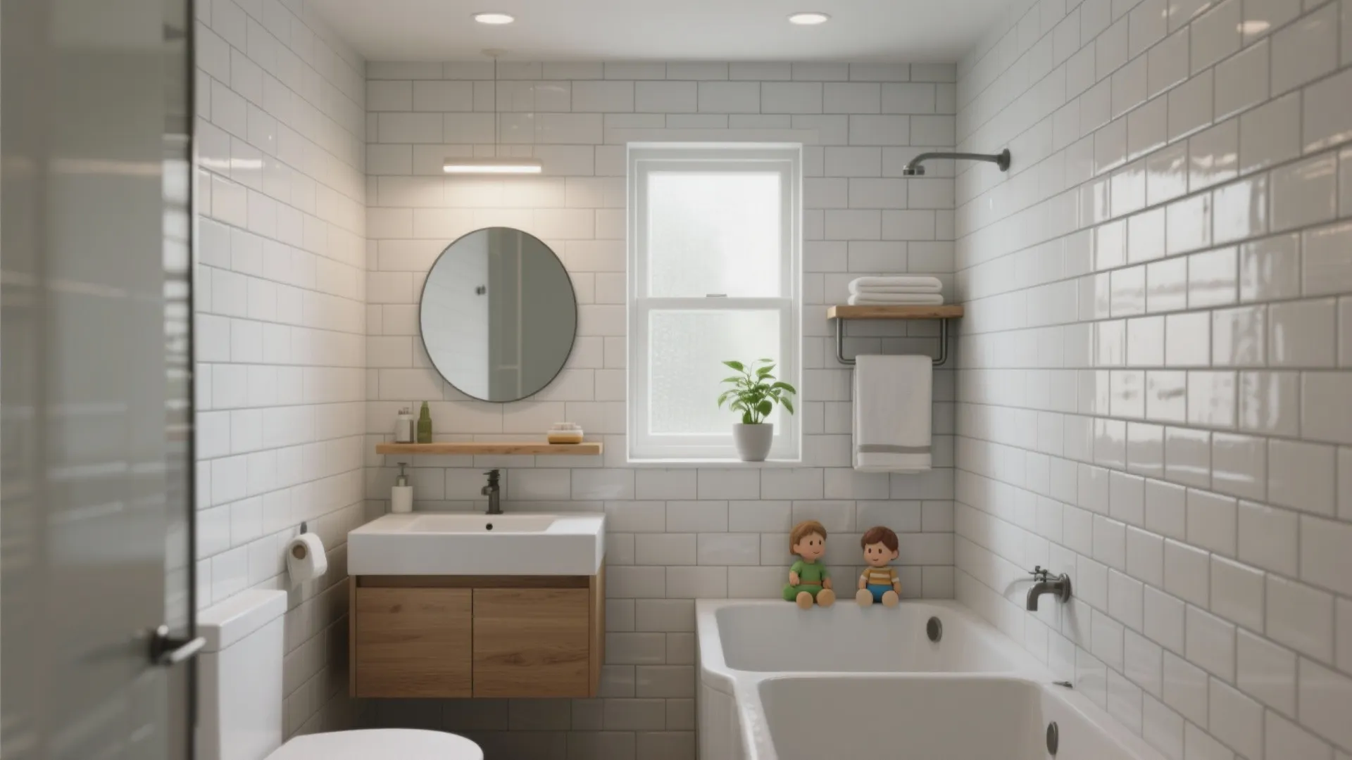 Small modern bathroom featuring white wall tiles wooden cabinet round mirror bathtub and natural light