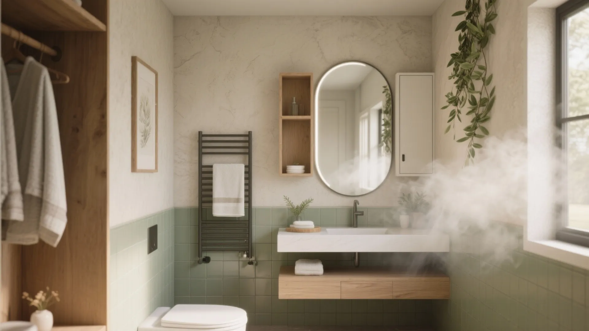 Modern bathroom with green wall tiles, oval mirror, white sink, wooden shelves, and warm steam