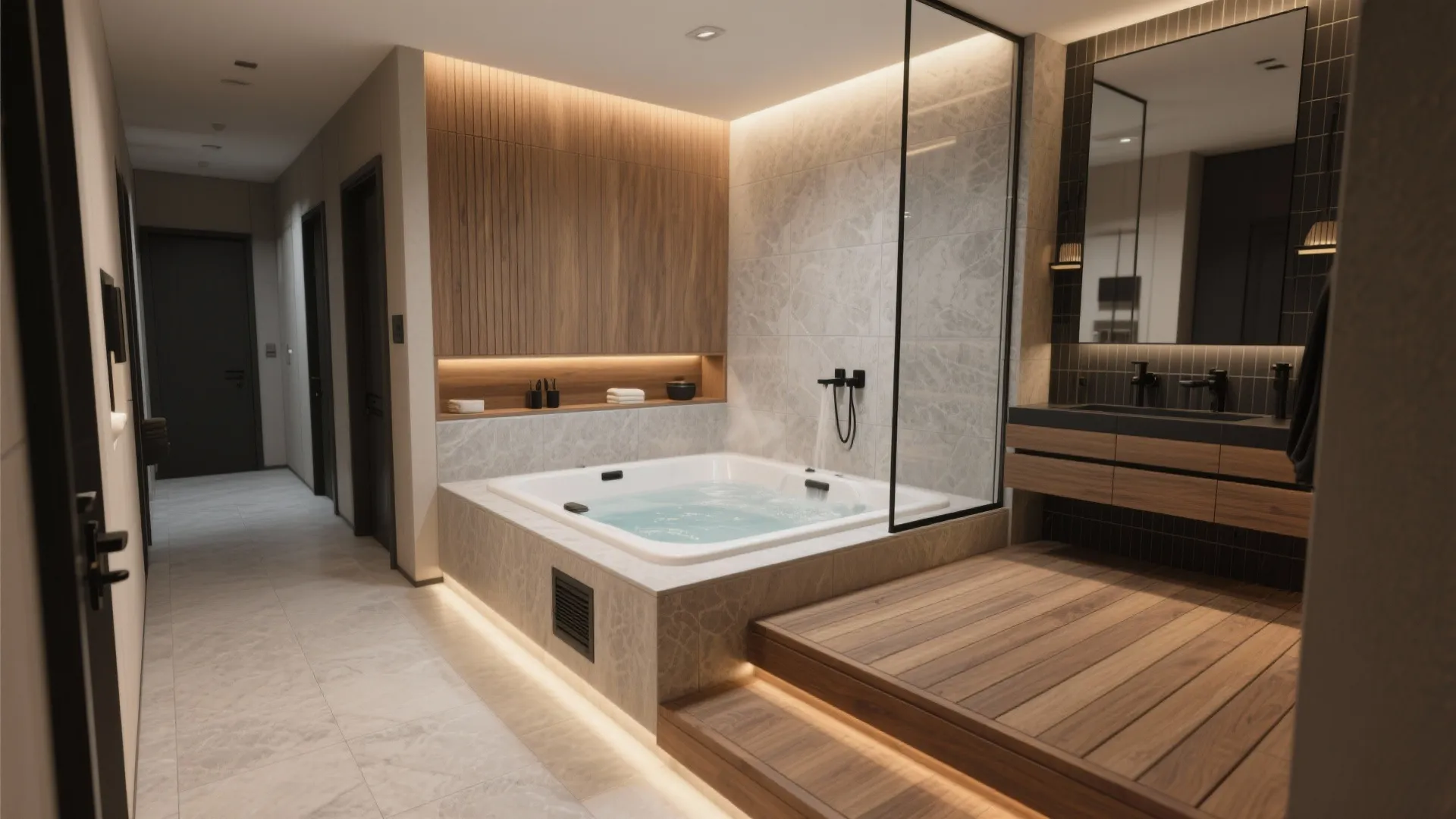 Luxury bathroom featuring large square bathtub wooden floor steps marble walls and warm hidden lighting