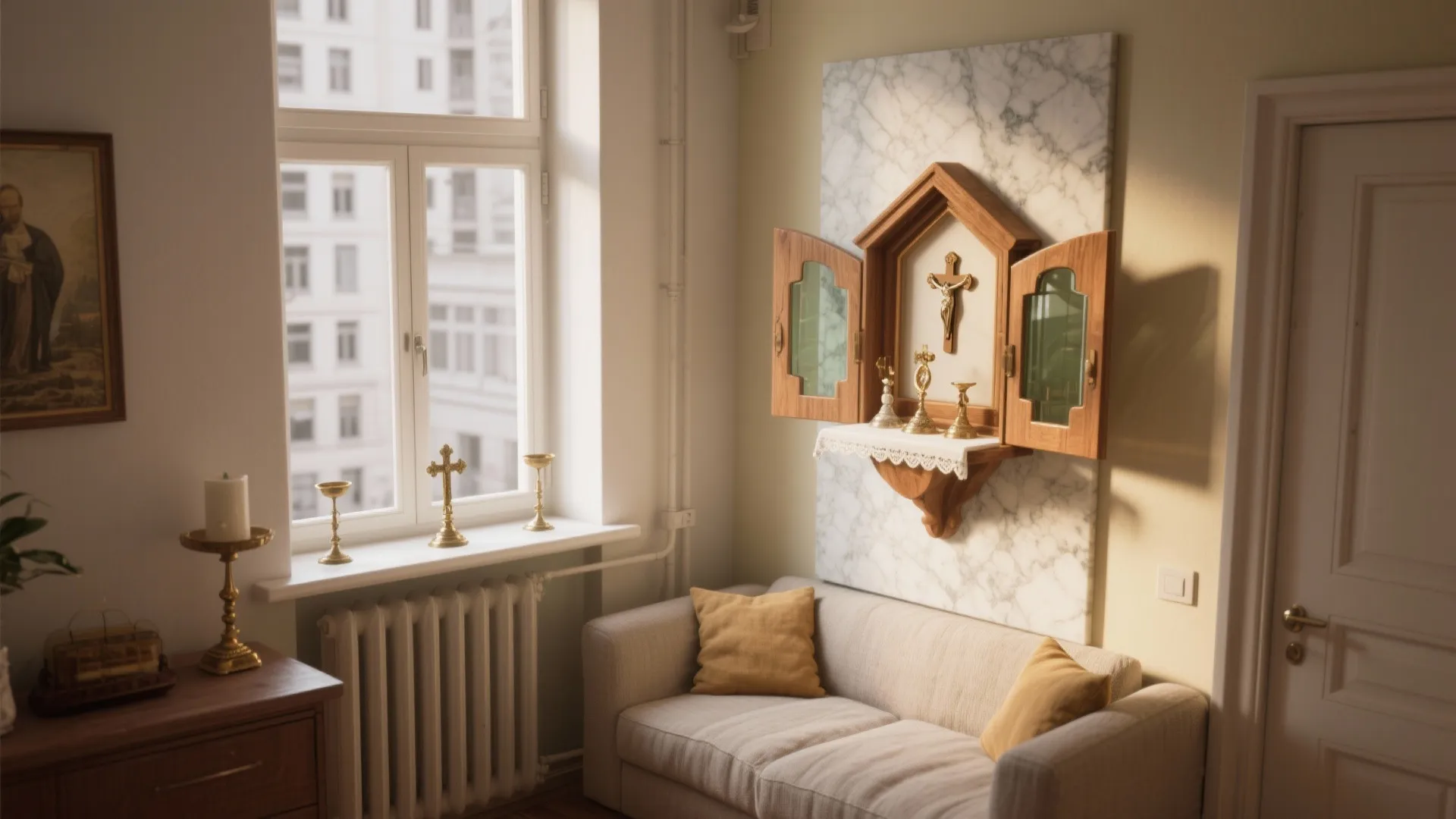 Small wall cabinet with cross above sofa with marble wall panel and candles on windowsill