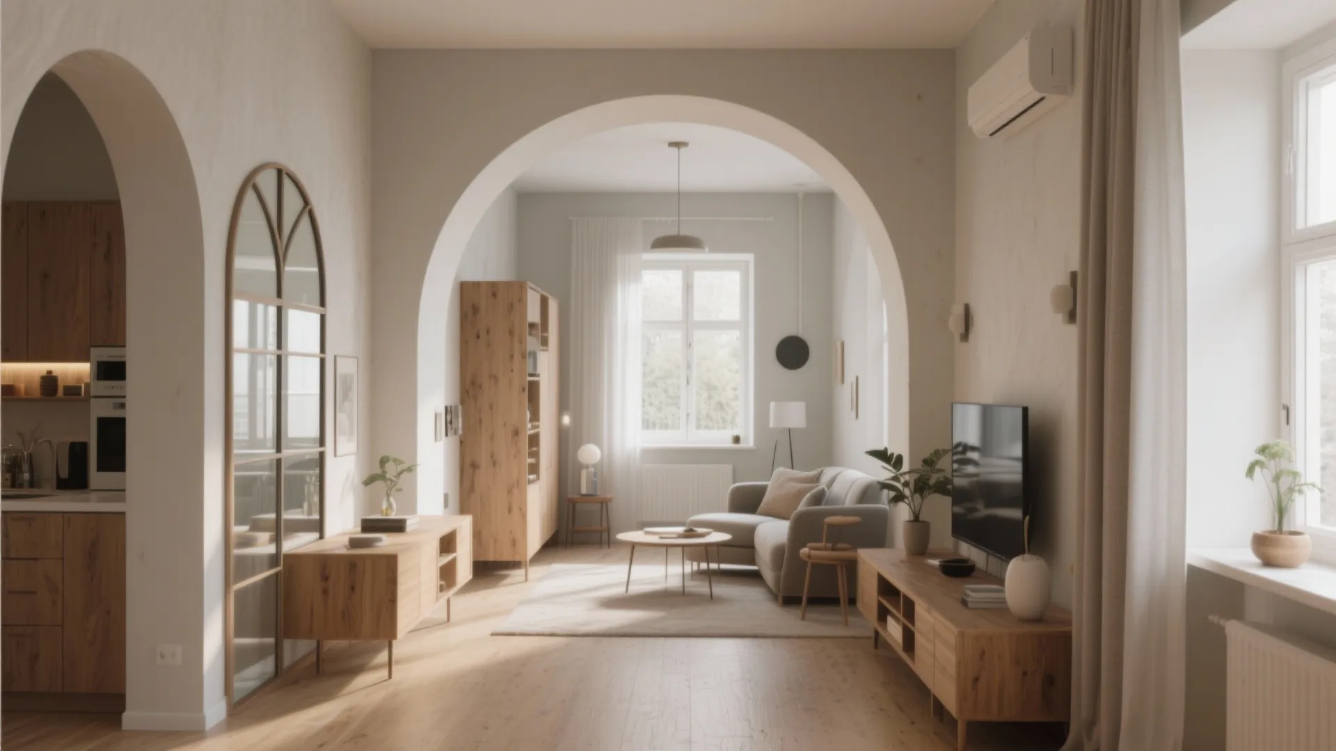 Modern living room interior with curved archway wooden cabinets grey sofa and natural bright lighting