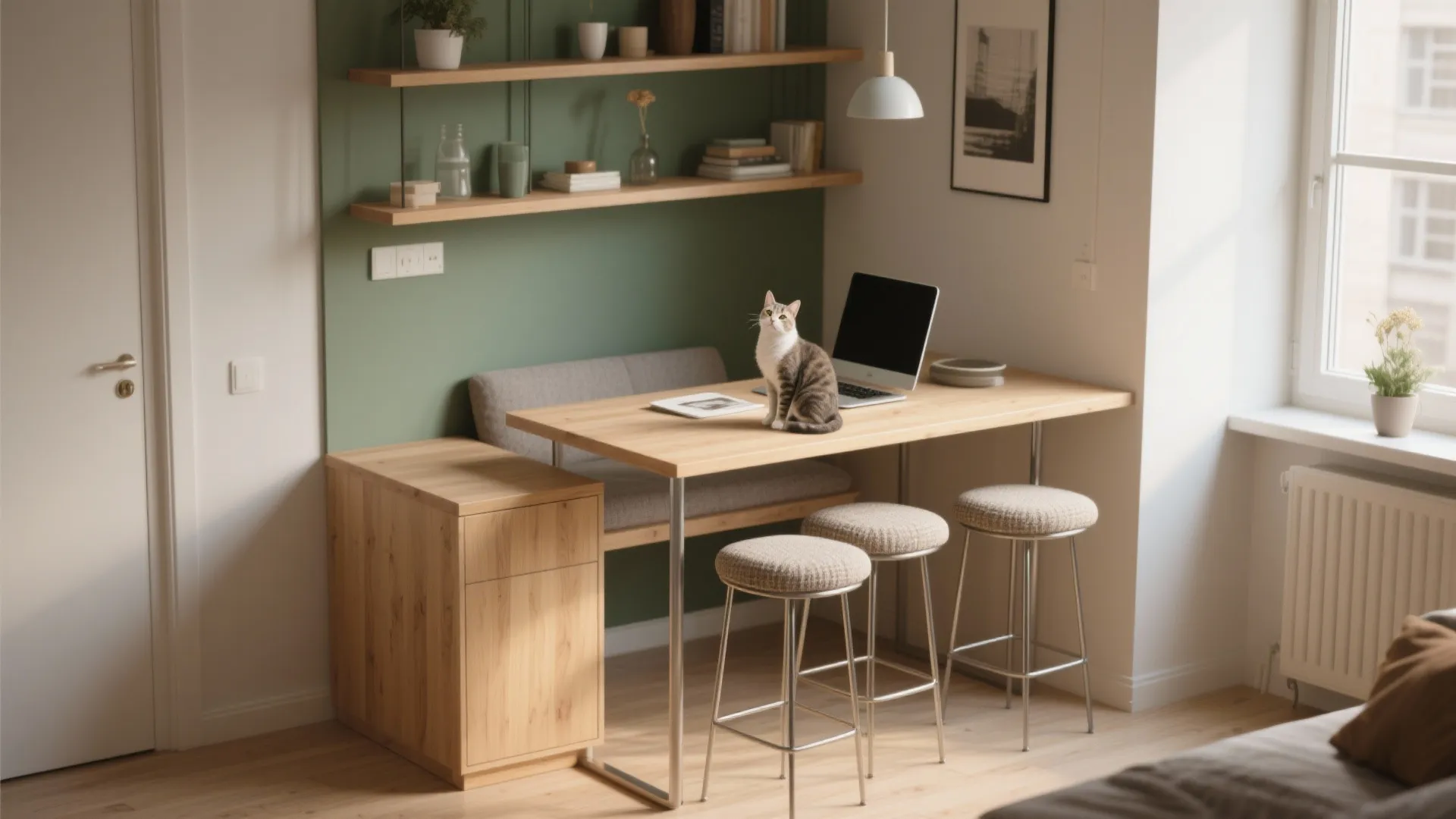 Compact home office dining area with green wall wood table stools and a grey cat