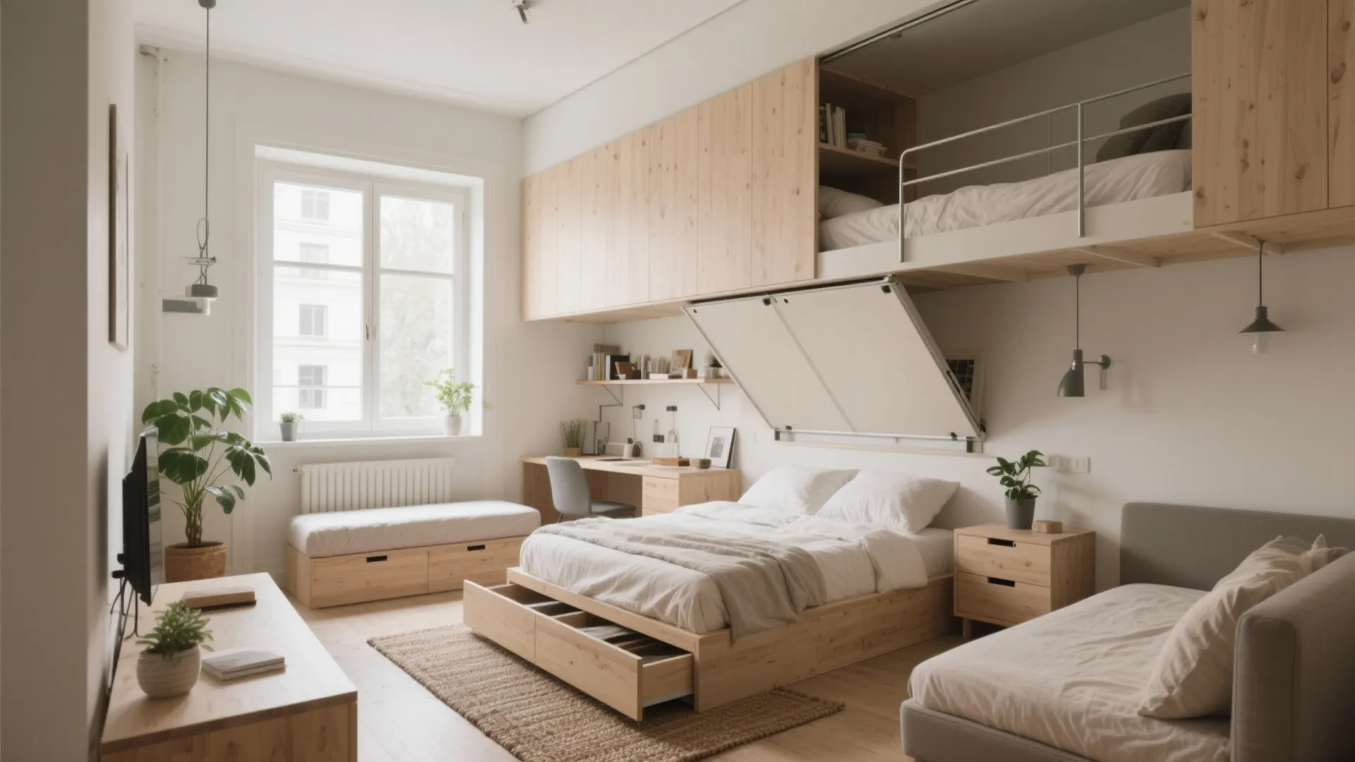 Modern bright small bedroom featuring wooden storage bed upper bunk bed desk and green plants
