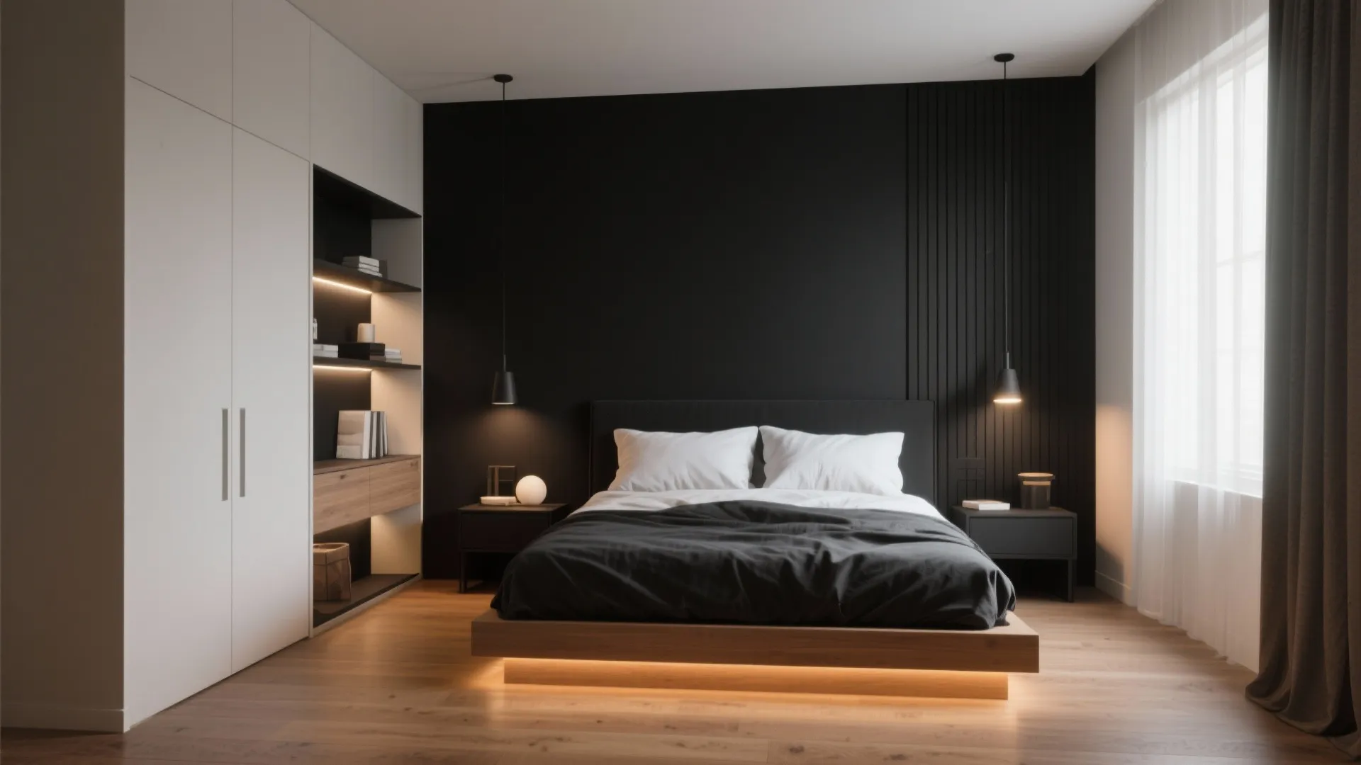 Minimalist black bedroom with wooden bed frame white wardrobe wall light and large window with curtains