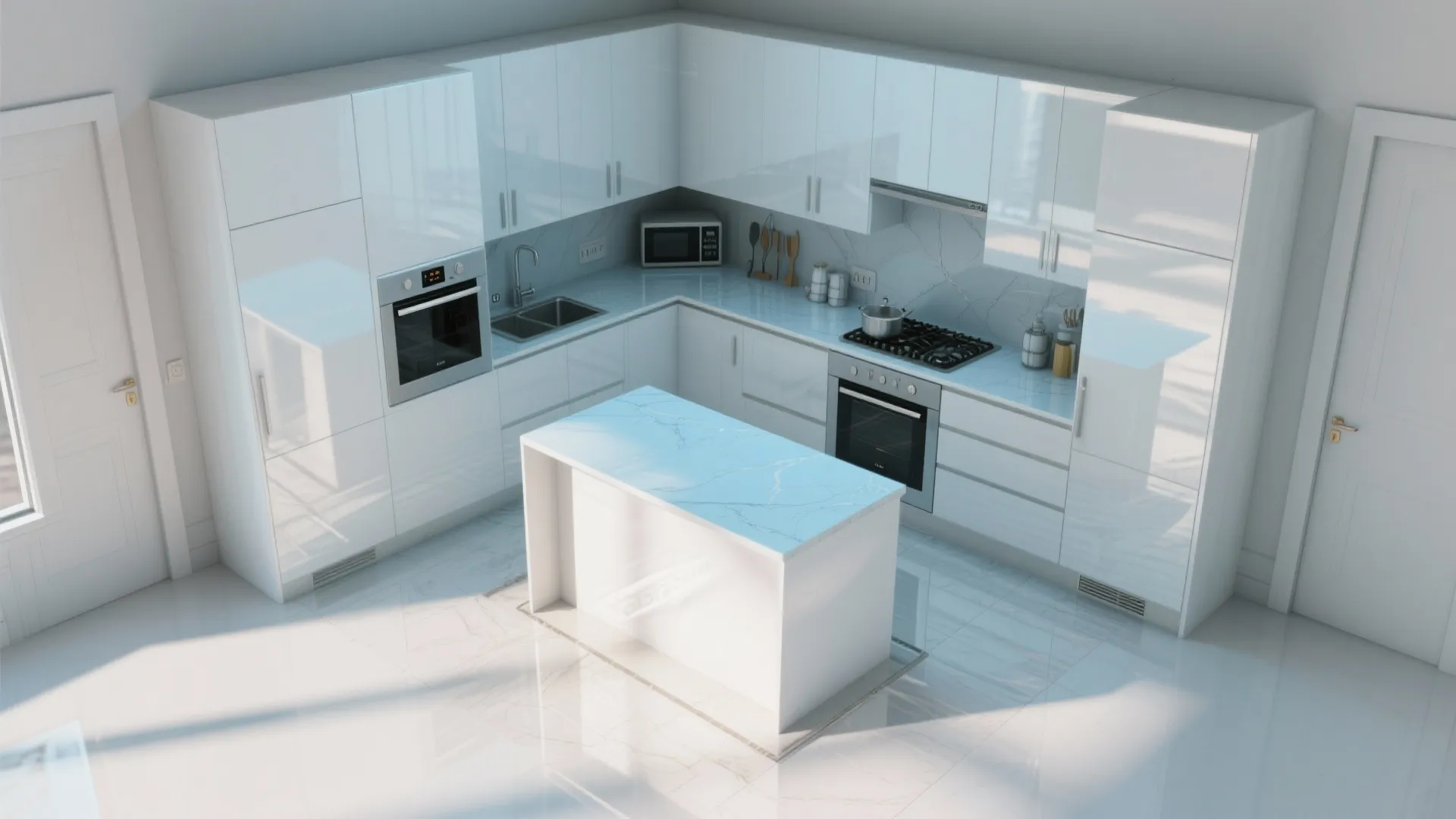 5. Small-Space Tricks — Gloss White Cabinets and Light-Reflecting Blue