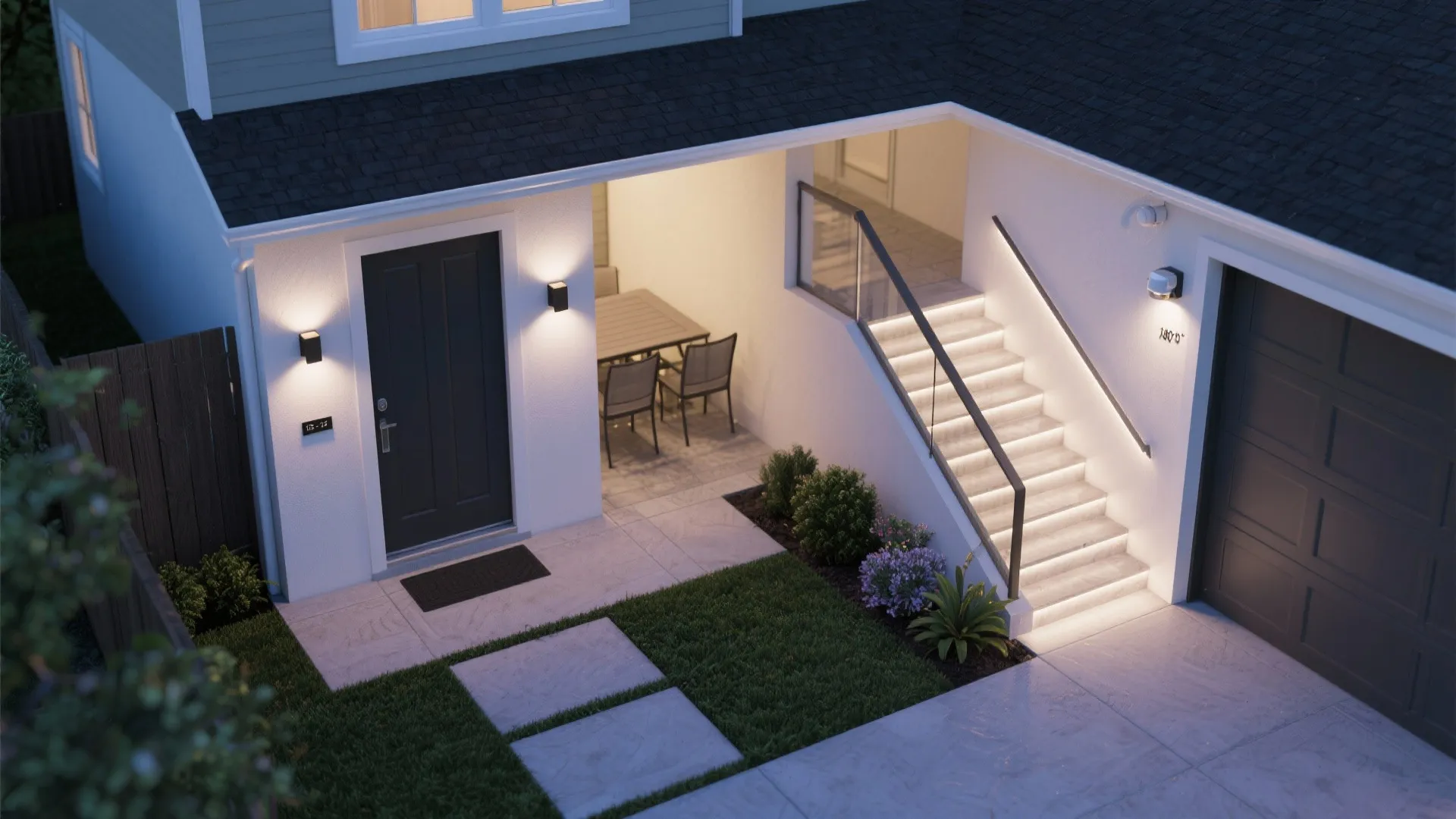 Top-down schematic of entry, side yard, garage, patio, and stair lighting placements.
