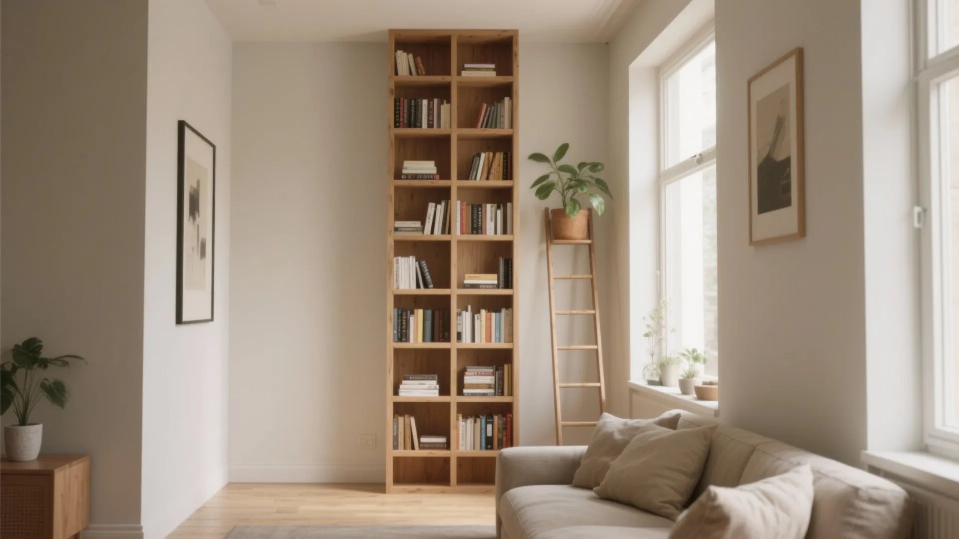 Modern living room featuring a tall wooden bookshelf wall and a beige sofa near windows