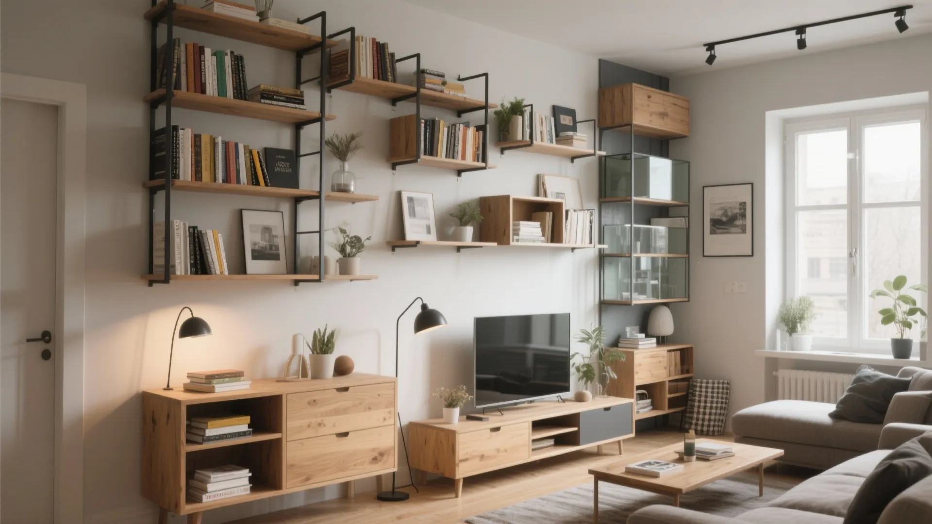 Modern living room featuring wooden wall bookshelves, television unit, coffee table, sofa, and natural window light