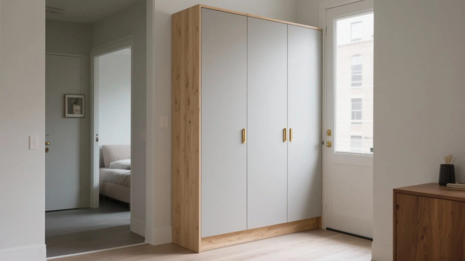 Minimalist grey cabinet with wood frame and gold handles placed in a bright white hallway