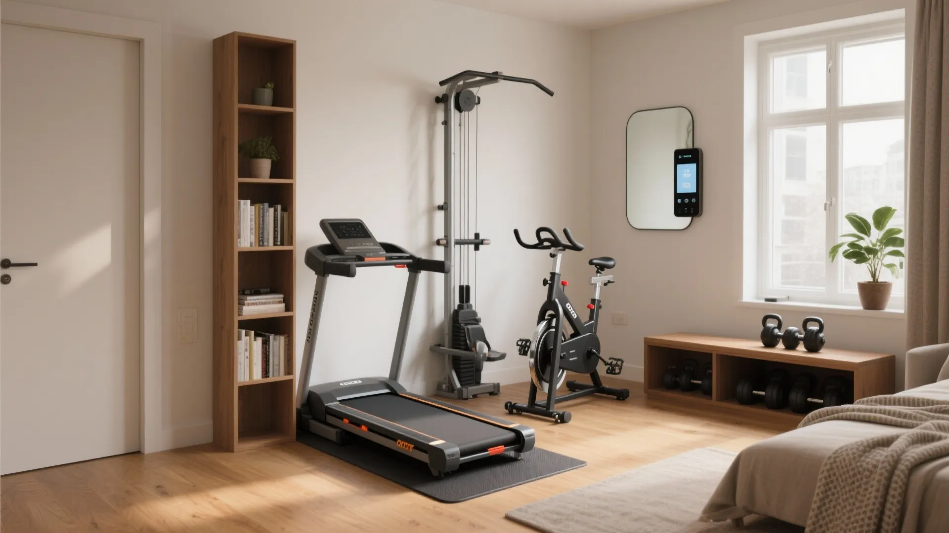 Modern home gym with a treadmill exercise bike strength machine bookshelf and bright natural light
