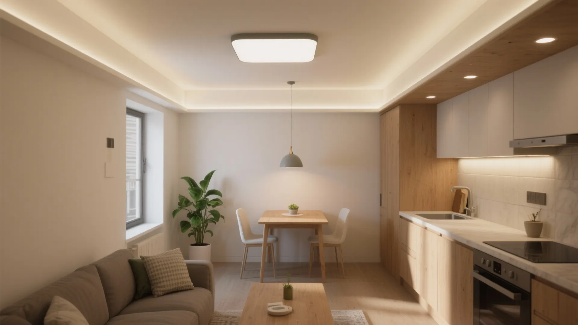 Modern apartment interior with kitchen area dining table sofa and multiple bright ceiling light fixtures