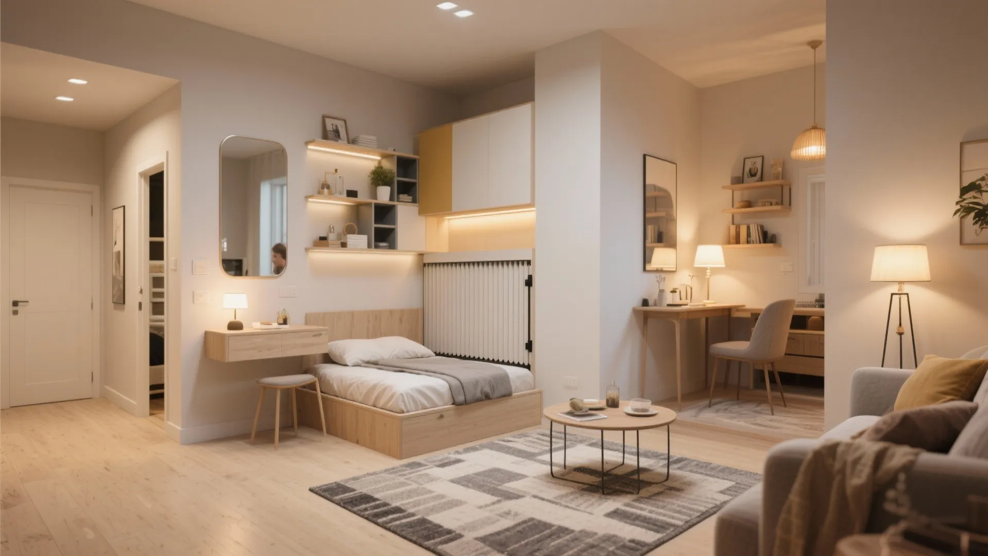 Collage of small-space solutions: consistent flooring, zoned rugs, Murphy bed, shelving and mirrors