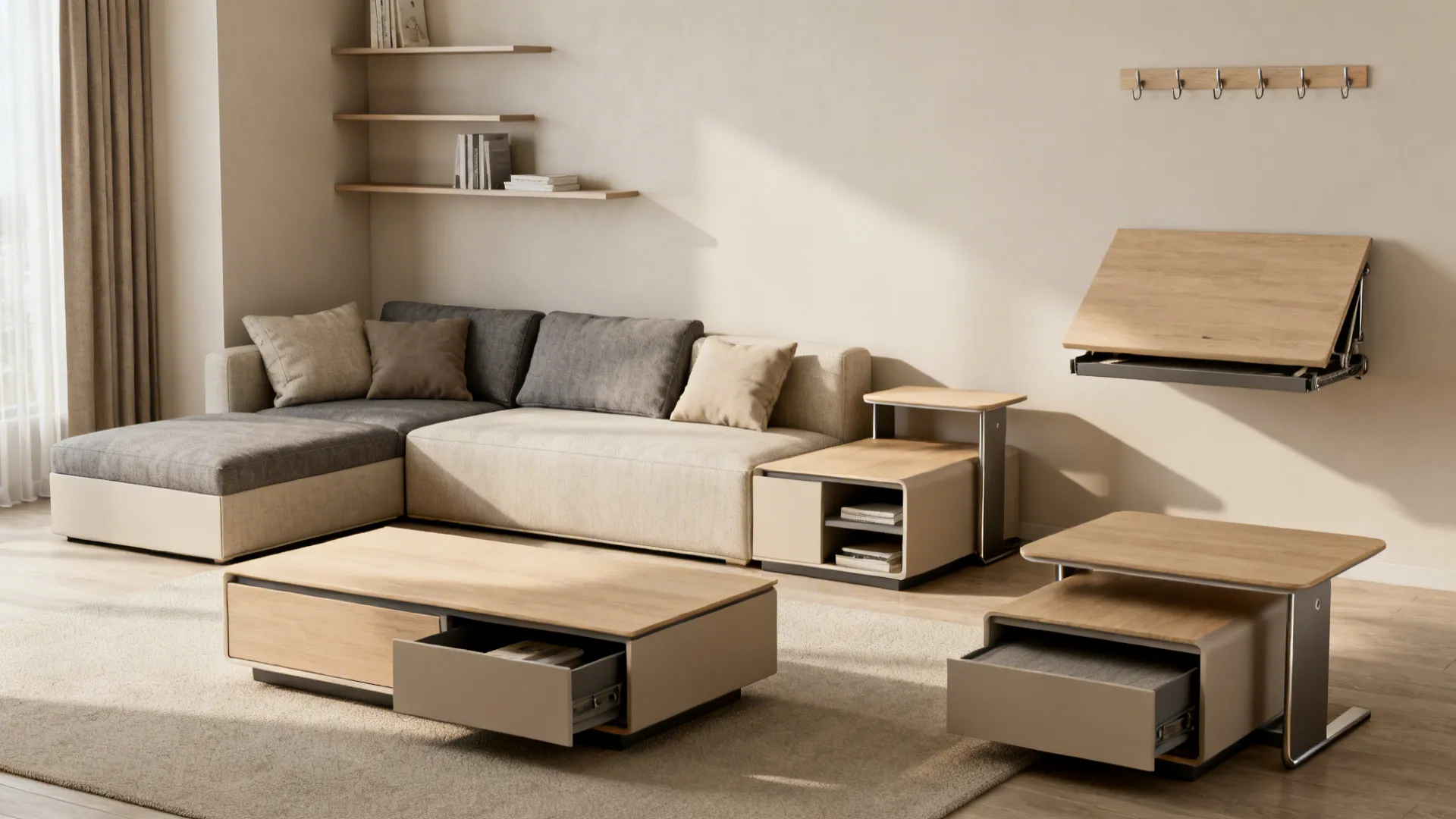 Collage of small living room furniture solutions: convertible table, modular sofa, wall shelves, nesting seating, fold-down desk.