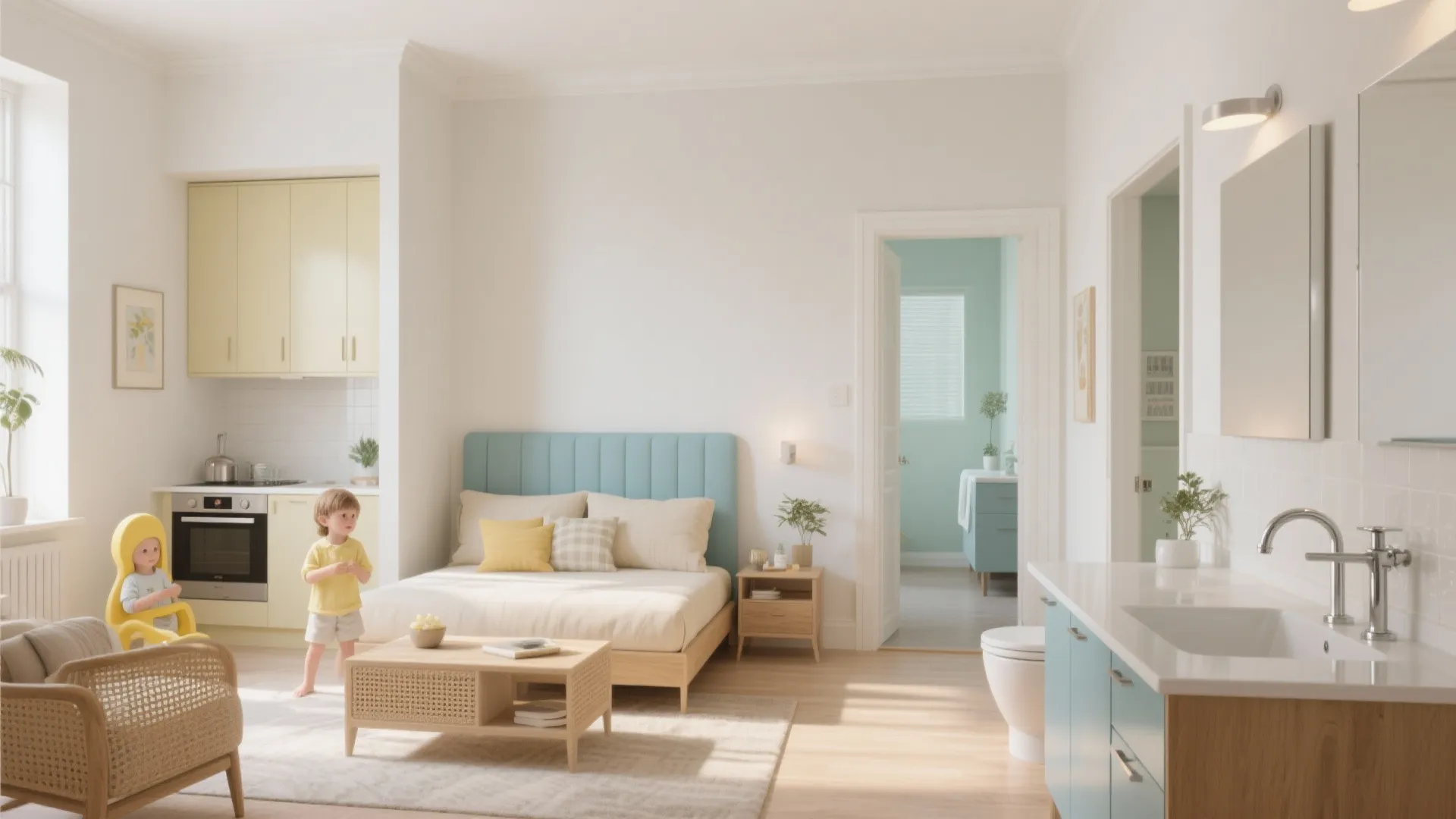 Studio apartment layout with blue bed small kitchen bathroom sink area and light wooden floor