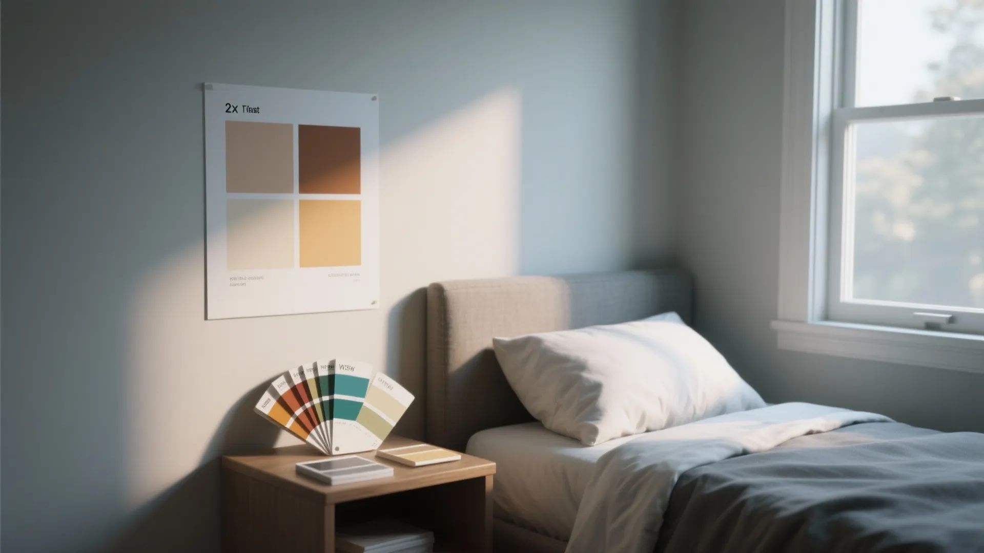 Modern bedroom with color palette poster on wall bedside table holding various paint color sample cards