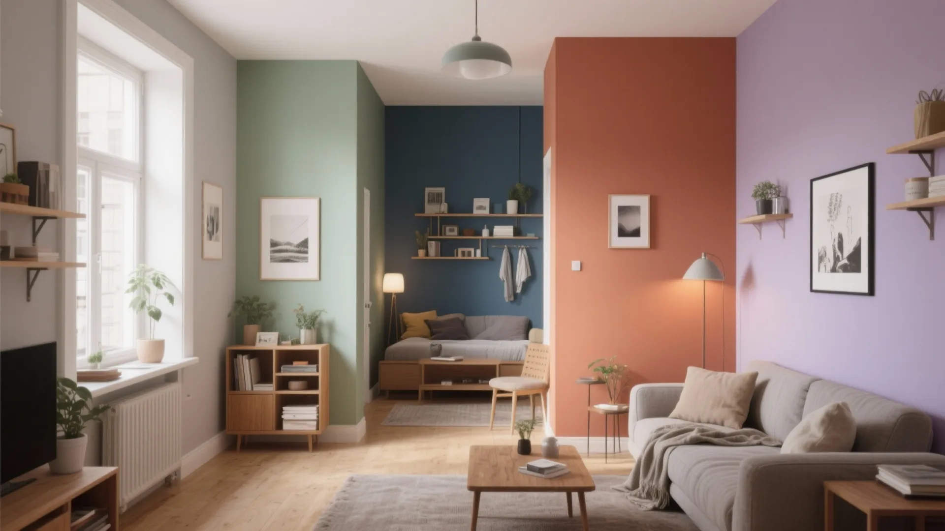 Modern colorful living room with green, blue, orange, and purple walls, grey sofa, and wood