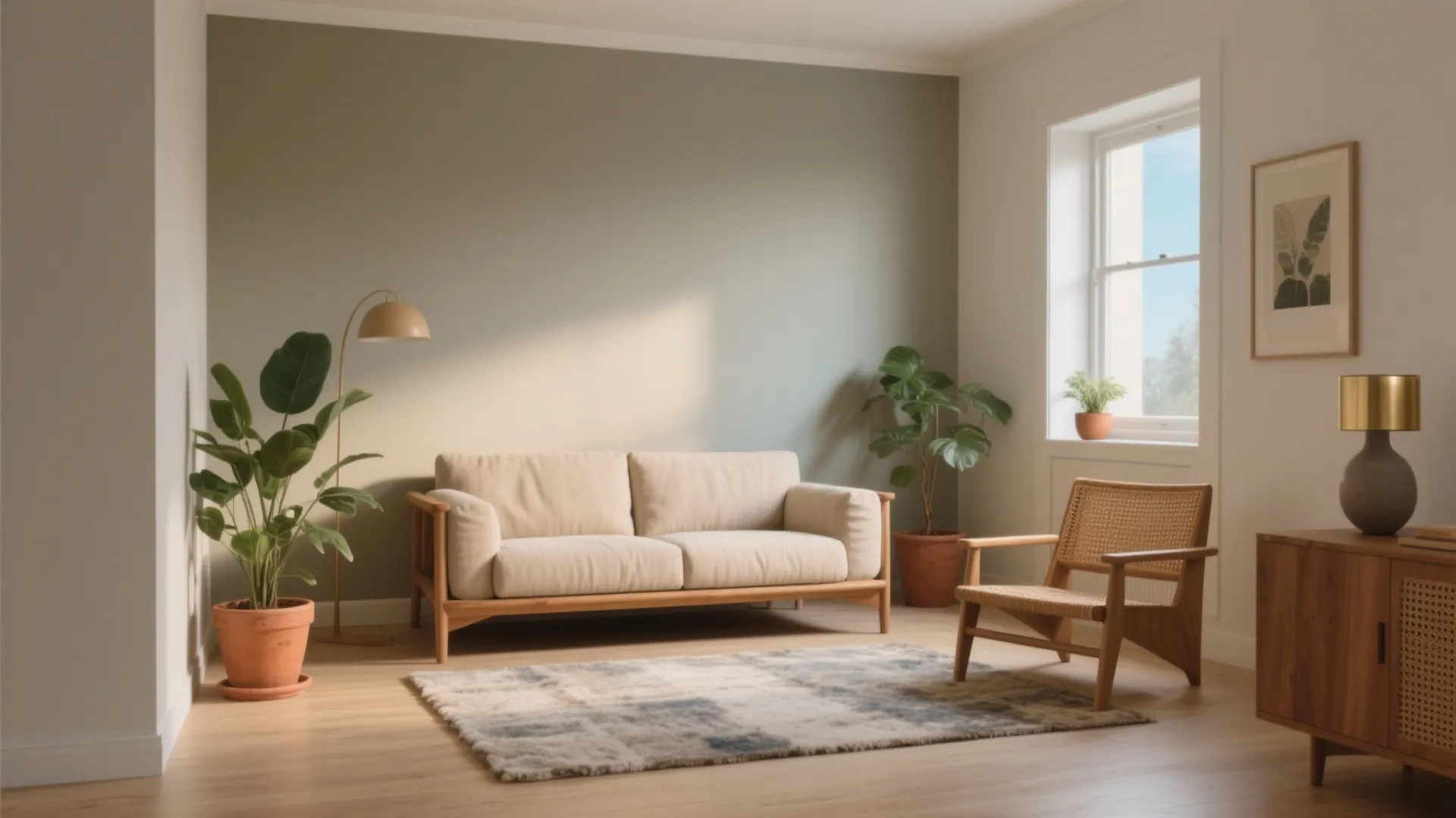 Living room interior design drawing with green wall, cream sofa, wooden chair, rug, and plants