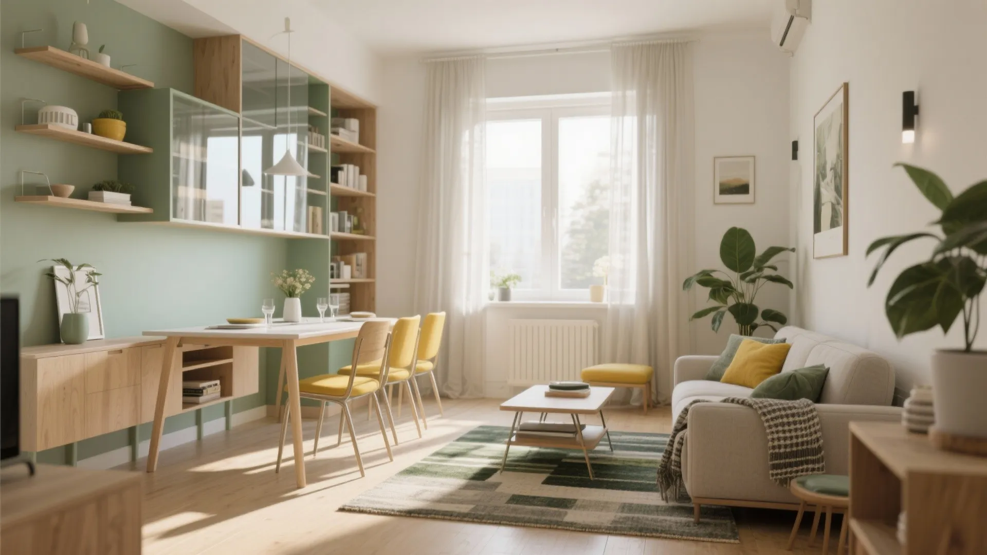 Modern open plan apartment with yellow dining chairs, green wall panels, sofa, and natural light