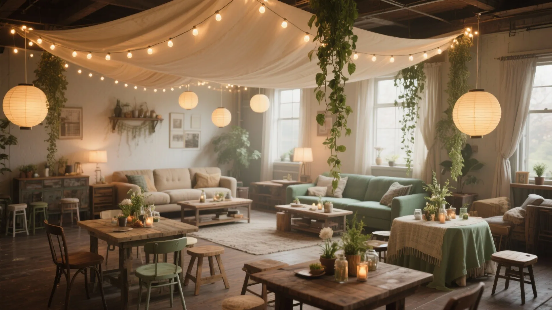 Eclectic event space with sofas wooden tables green plants hanging vines and paper light fixtures overhead